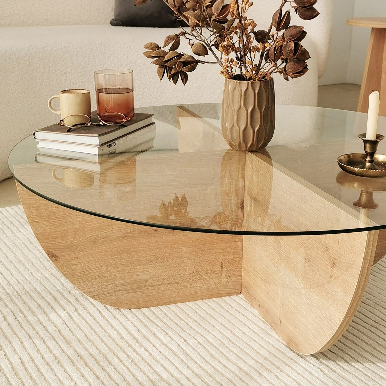 Mesa de Centro em Carvalho Safira, 90 x 30 x 90 cm | Tampo 100% em Vidro Temperado, Estrutura com Revestimento em Melamina de 18 mm | Elegante e Durável para Espaços Modernos