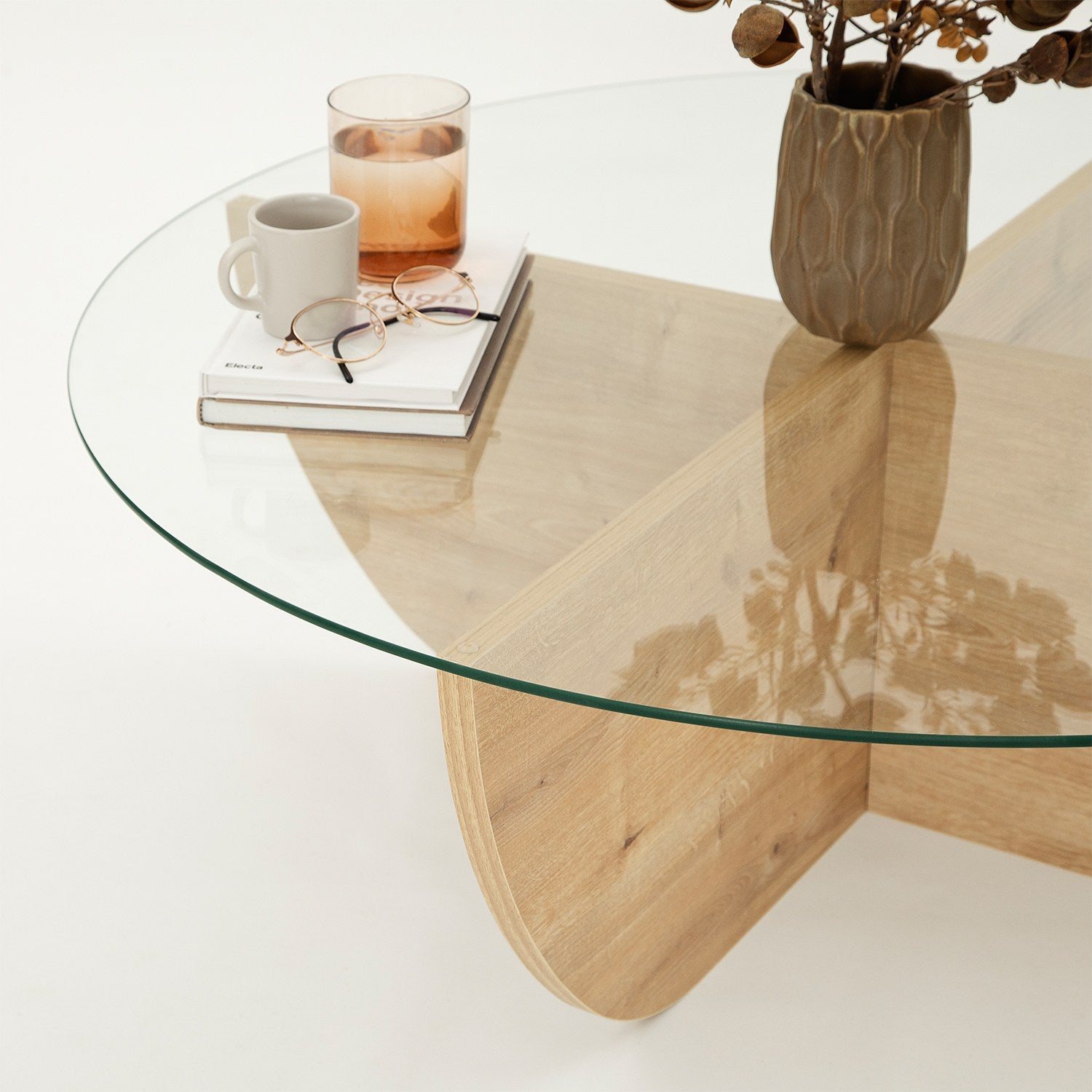 Mesa de Centro em Carvalho Safira, 90 x 30 x 90 cm | Tampo 100% em Vidro Temperado, Estrutura com Revestimento em Melamina de 18 mm | Elegante e Durável para Espaços Modernos