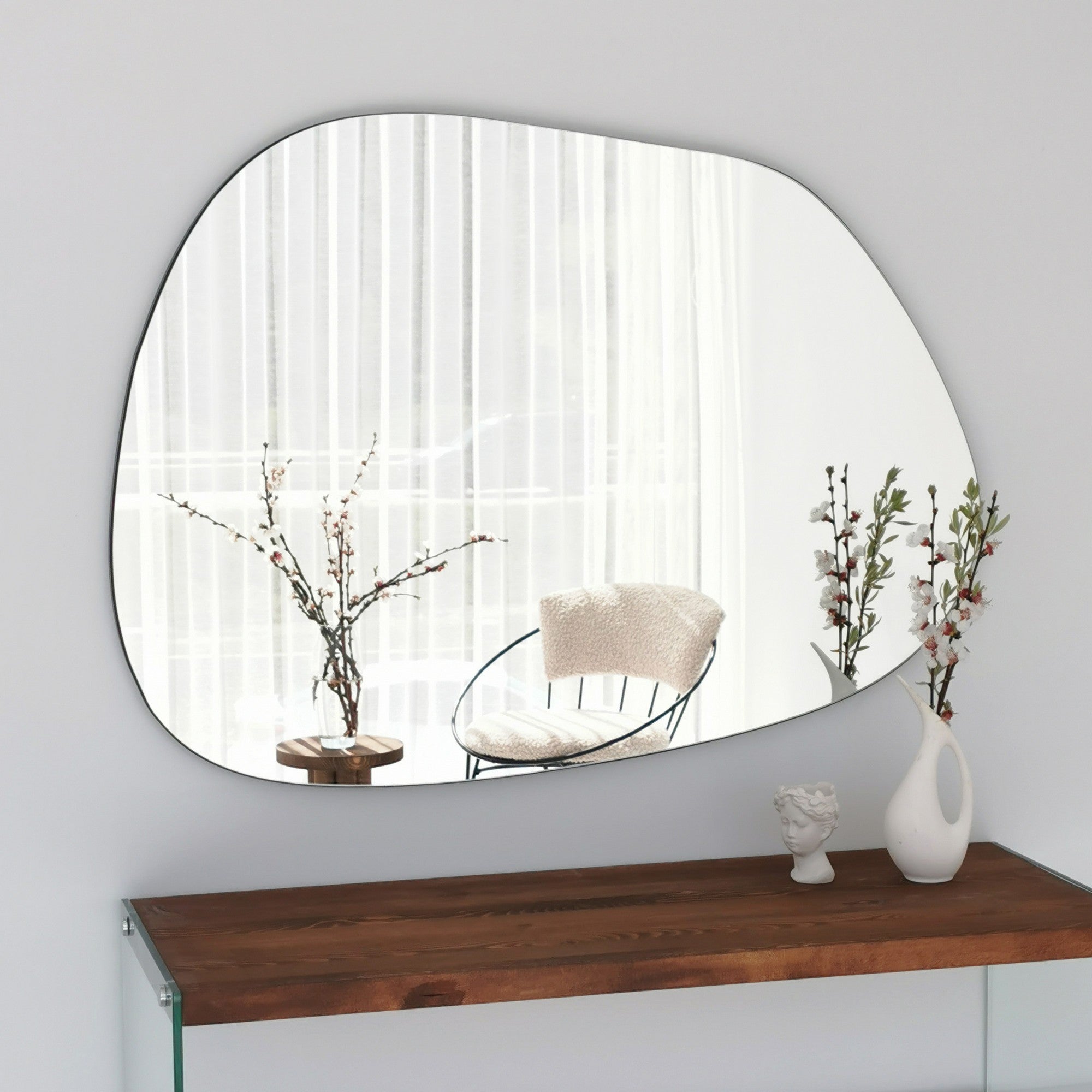 Espelho de Parede Moderno, 90 x 70 cm, 100% MDF, Acabamento Transparente | Design Escandinavo Montado para Hotéis e Espaços Contemporâneos