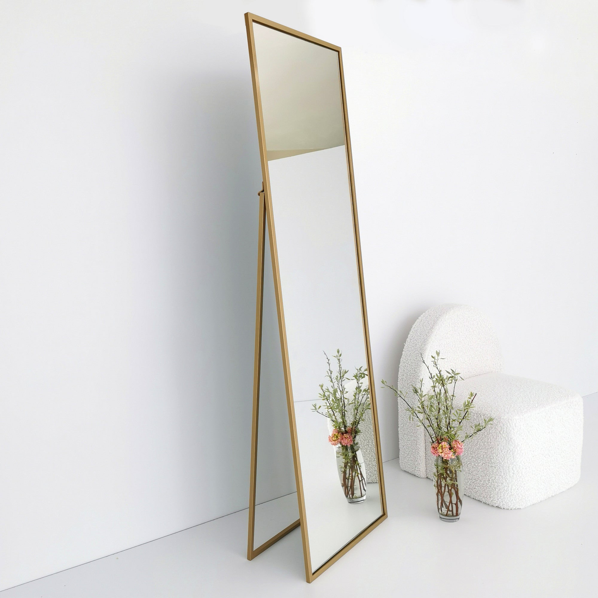 Espelho Cheval Elegante com Moldura de Metal Dourado, 50 cm x 170 cm | Inclui Espelho e Prateleiras, Montável na Parede | Design Moderno e Glamouroso para Casa e Hotel