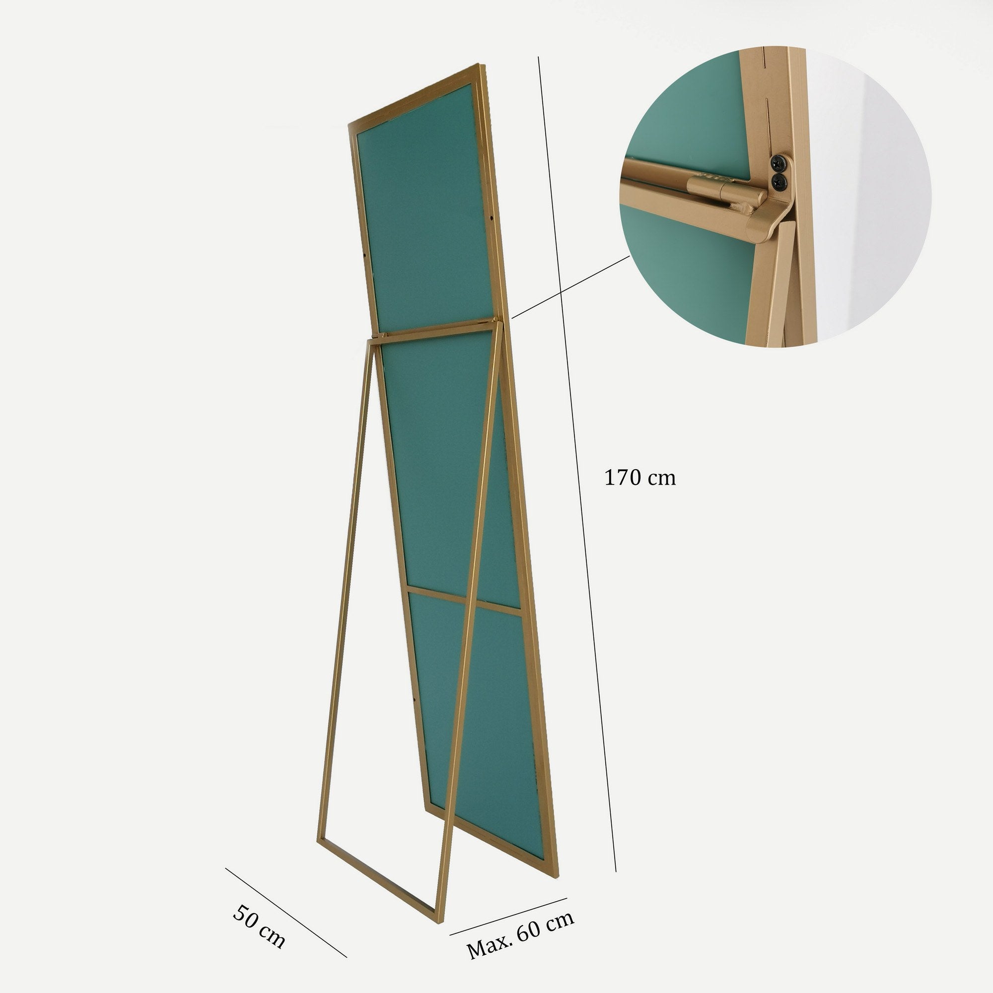 Espelho Cheval Elegante com Moldura de Metal Dourado, 50 cm x 170 cm | Inclui Espelho e Prateleiras, Montável na Parede | Design Moderno e Glamouroso para Casa e Hotel