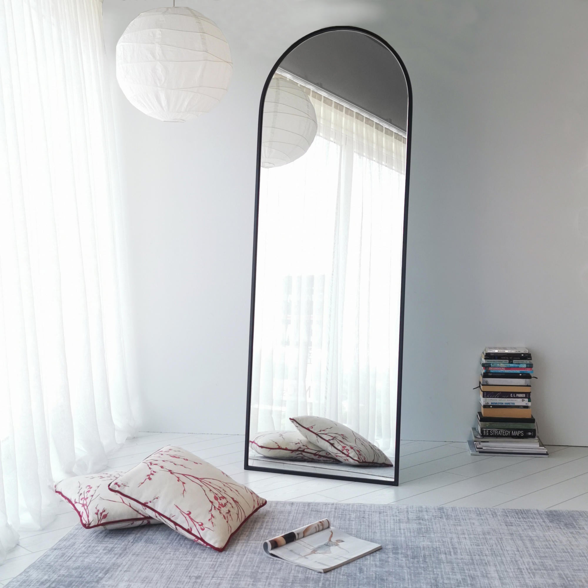 Espelho Cheval moderno, preto fosco, 65 x 180 x 1,5 cm | Estrutura 100% metálica, ecológico, ajustável, resistente à umidade | Perfeito para decoração escandinava e hoteleira