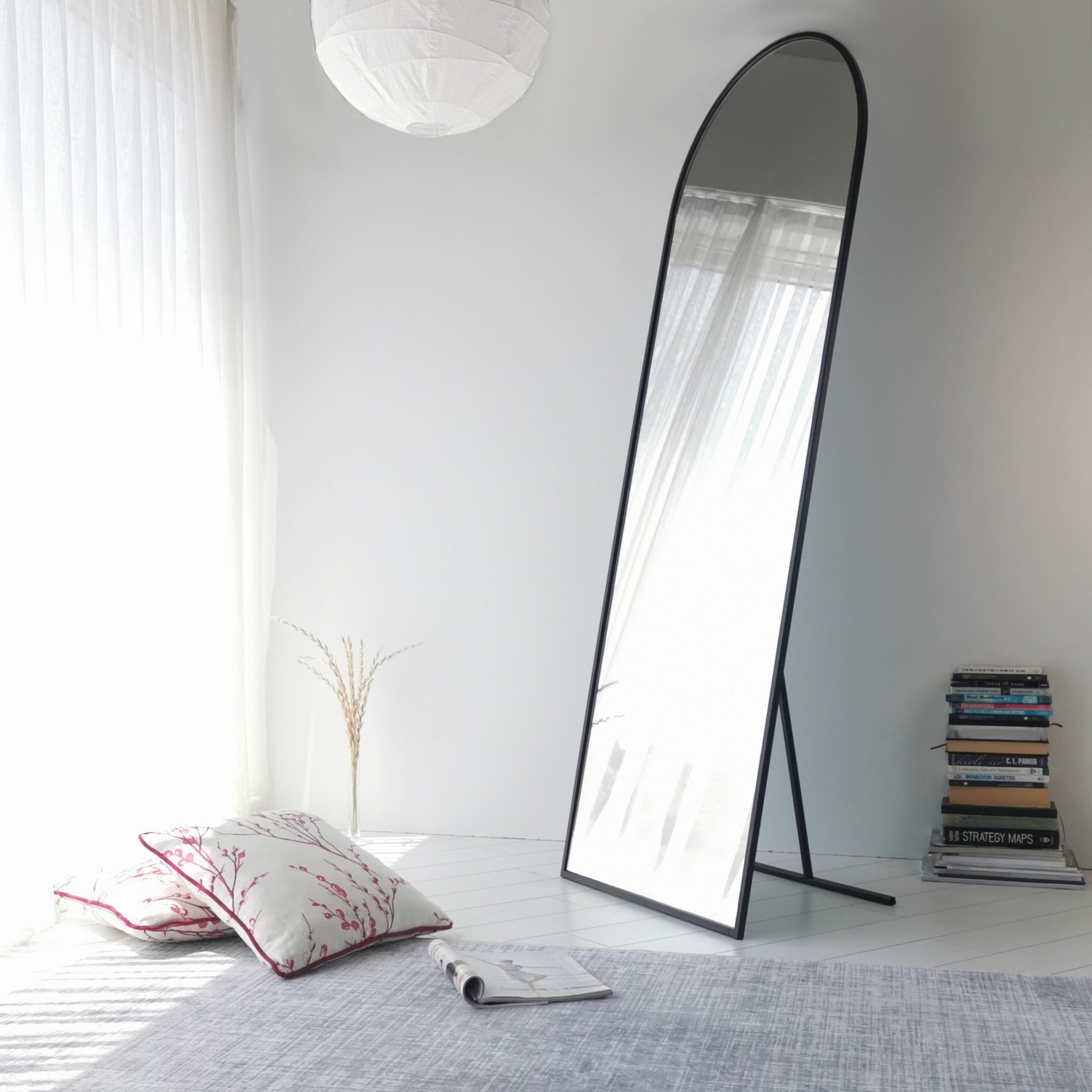 Espelho Cheval moderno, preto fosco, 65 x 180 x 1,5 cm | Estrutura 100% metálica, ecológico, ajustável, resistente à umidade | Perfeito para decoração escandinava e hoteleira