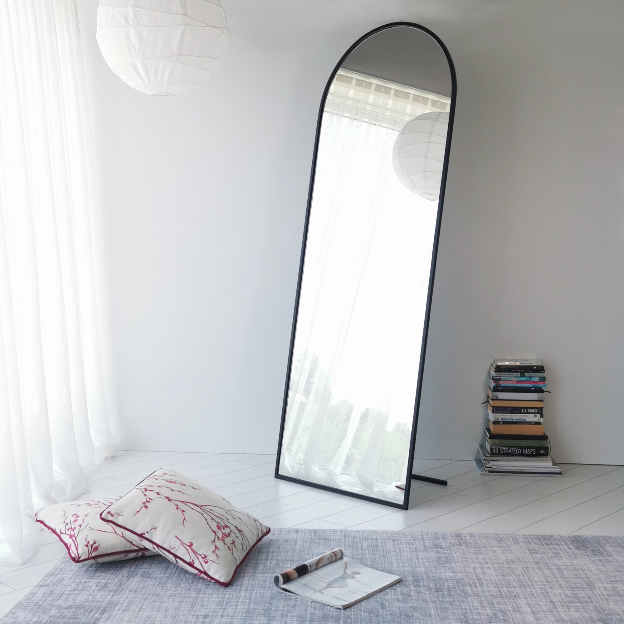 Espelho Cheval moderno, preto fosco, 65 x 180 x 1,5 cm | Estrutura 100% metálica, ecológico, ajustável, resistente à umidade | Perfeito para decoração escandinava e hoteleira
