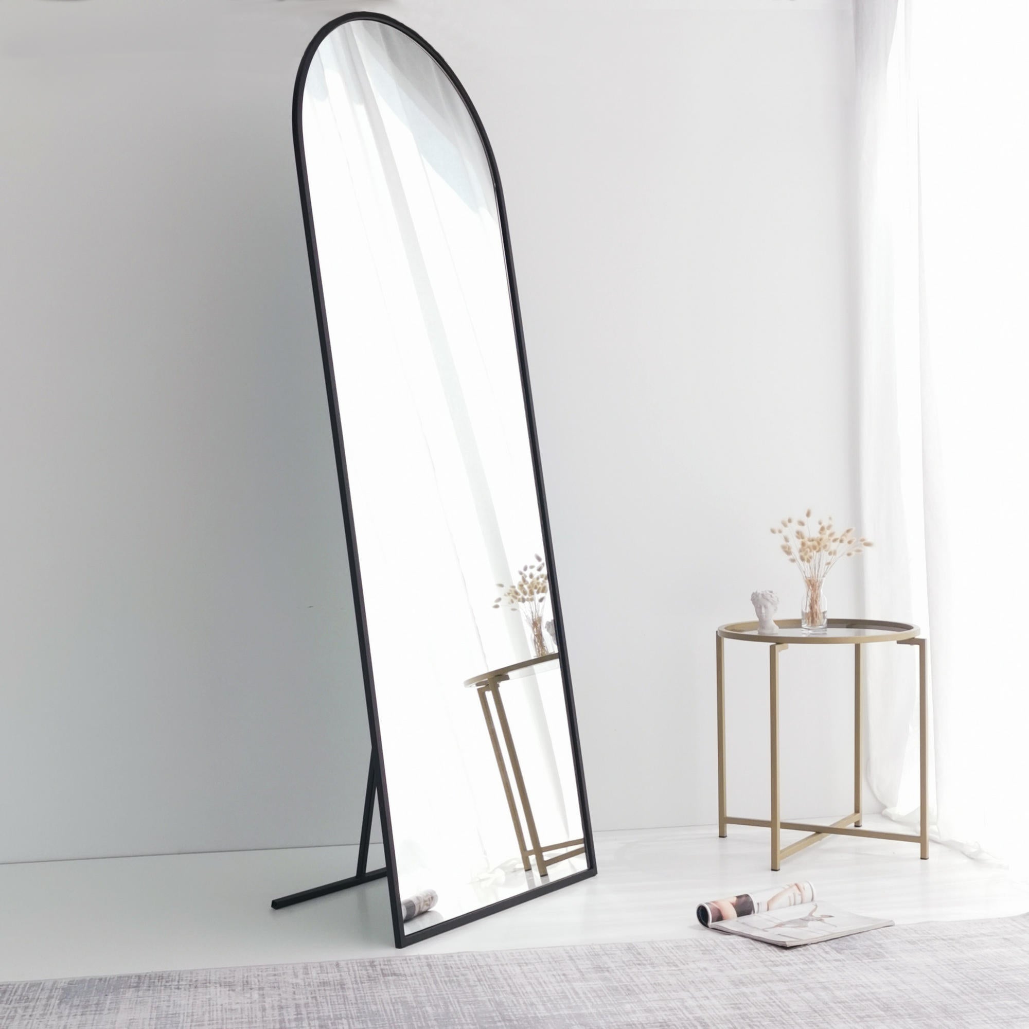 Espelho Cheval moderno, preto fosco, 65 x 180 x 1,5 cm | Estrutura 100% metálica, ecológico, ajustável, resistente à umidade | Perfeito para decoração escandinava e hoteleira
