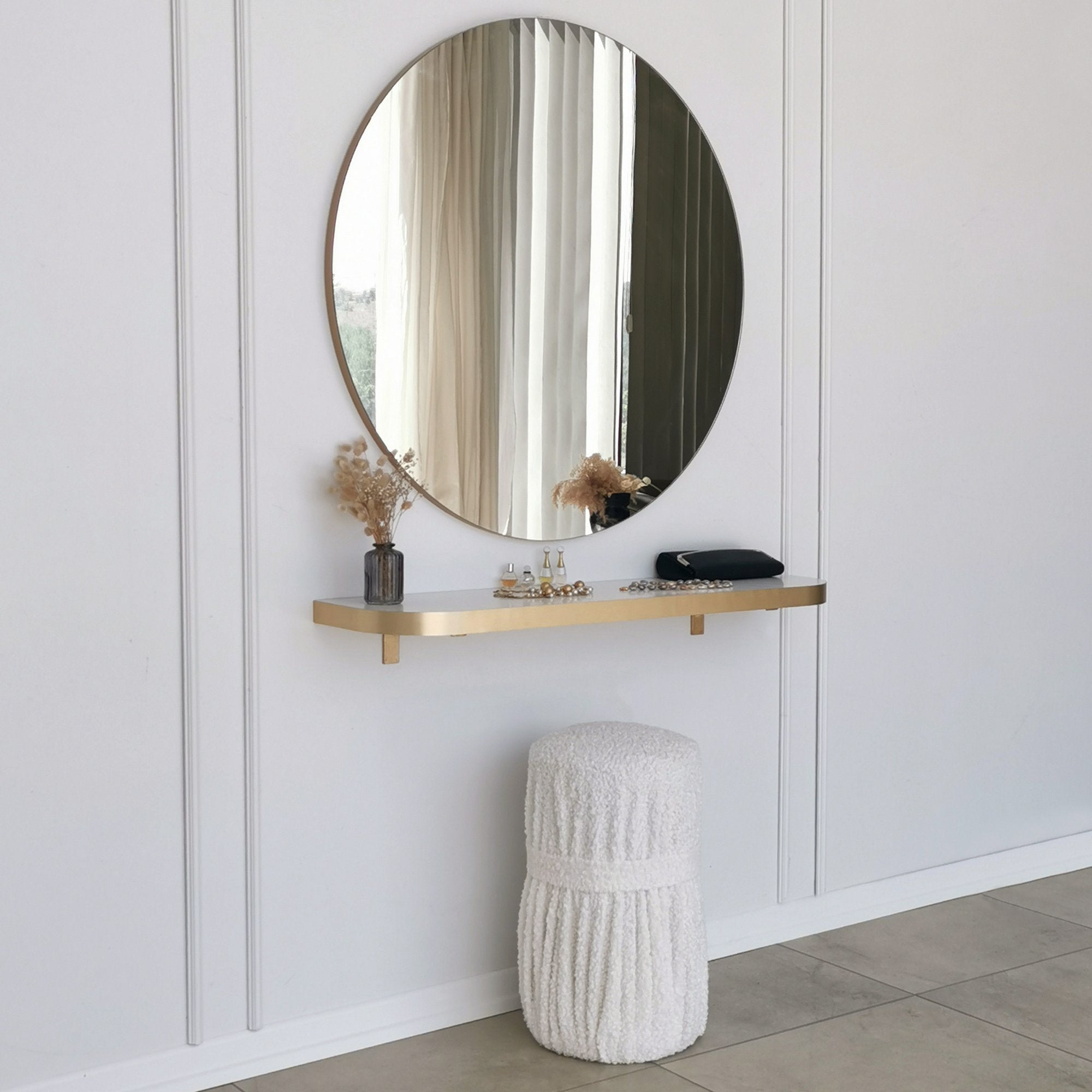 Espelho de parede dourado elegante, 90 cm de diâmetro | Painel de partículas 100% revestido de melamina, 18 mm de espessura | Design escandinavo moderno para decoração de casa e hotel