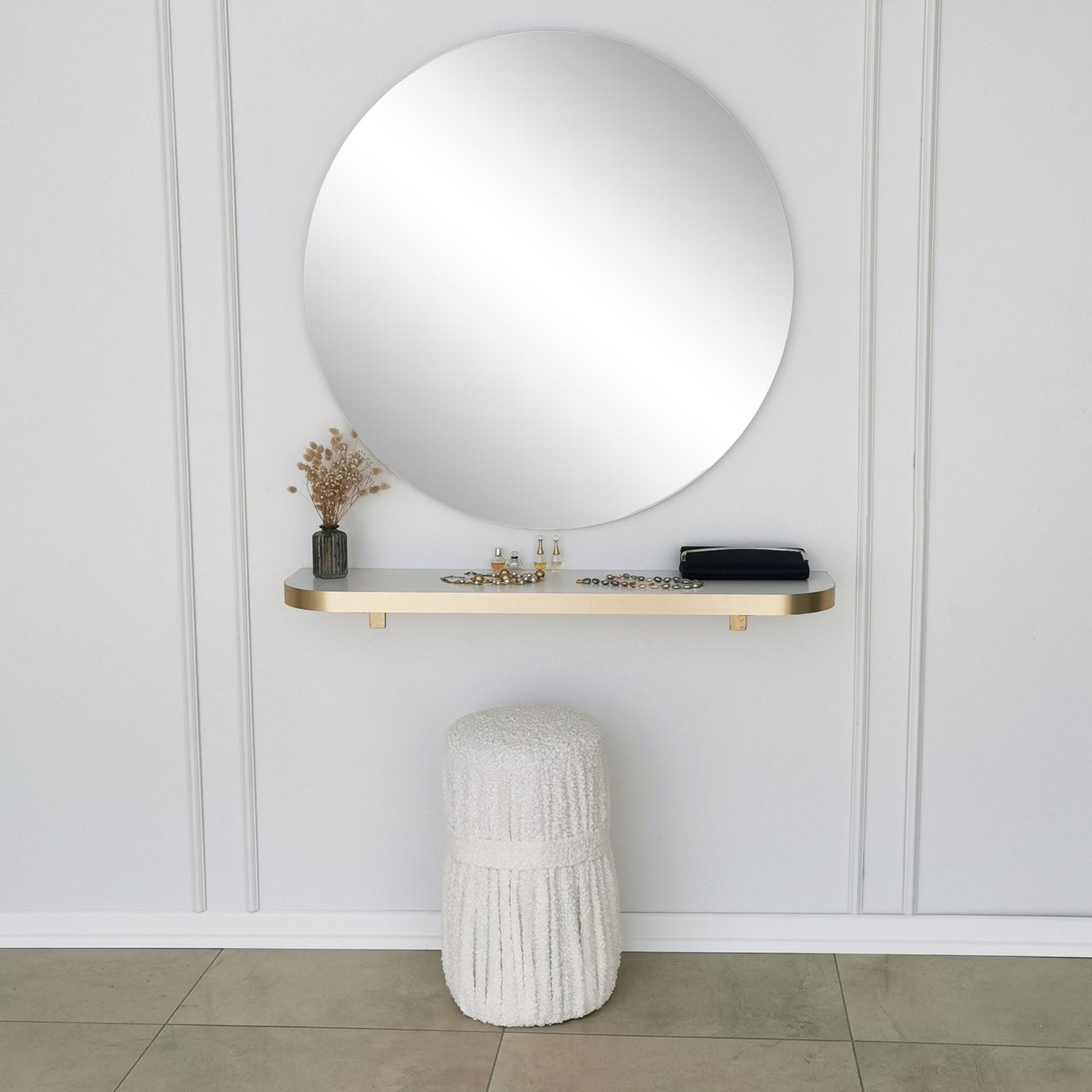 Espelho de parede dourado elegante, 90 cm de diâmetro | Painel de partículas 100% revestido de melamina, 18 mm de espessura | Design escandinavo moderno para decoração de casa e hotel