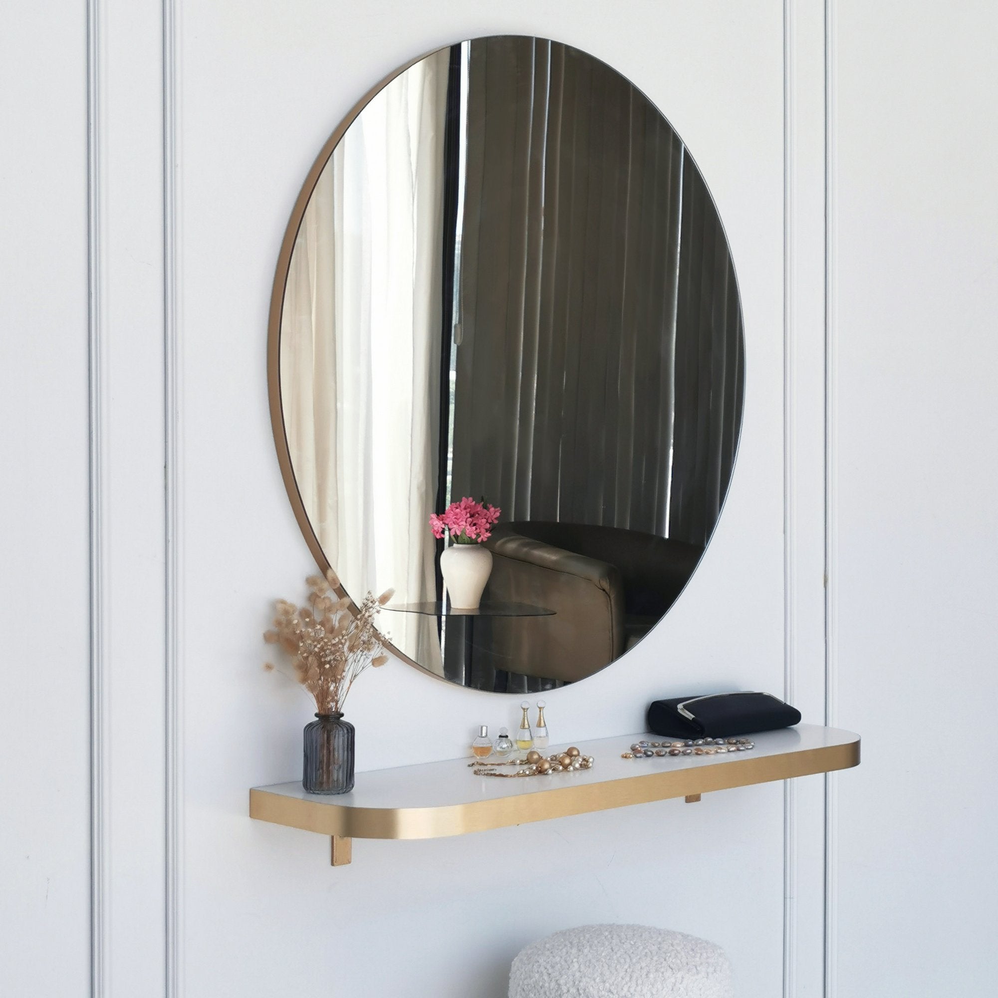 Espelho de parede dourado elegante, 90 cm de diâmetro | Painel de partículas 100% revestido de melamina, 18 mm de espessura | Design escandinavo moderno para decoração de casa e hotel