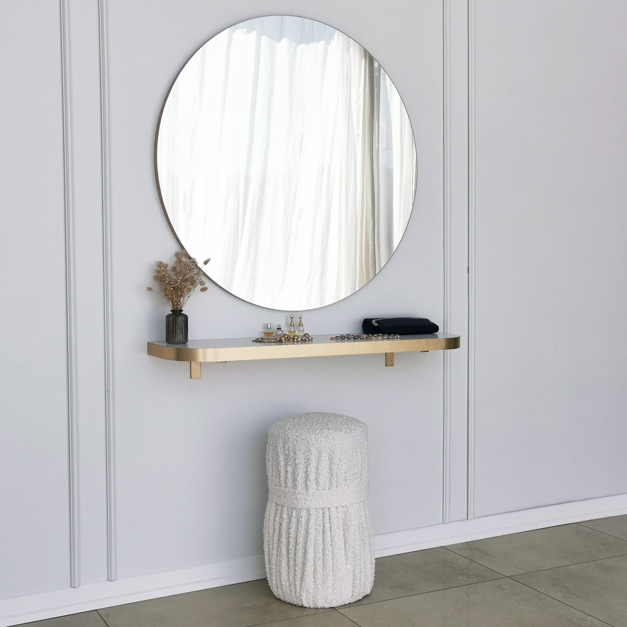 Espelho de parede dourado elegante, 90 cm de diâmetro | Painel de partículas 100% revestido de melamina, 18 mm de espessura | Design escandinavo moderno para decoração de casa e hotel