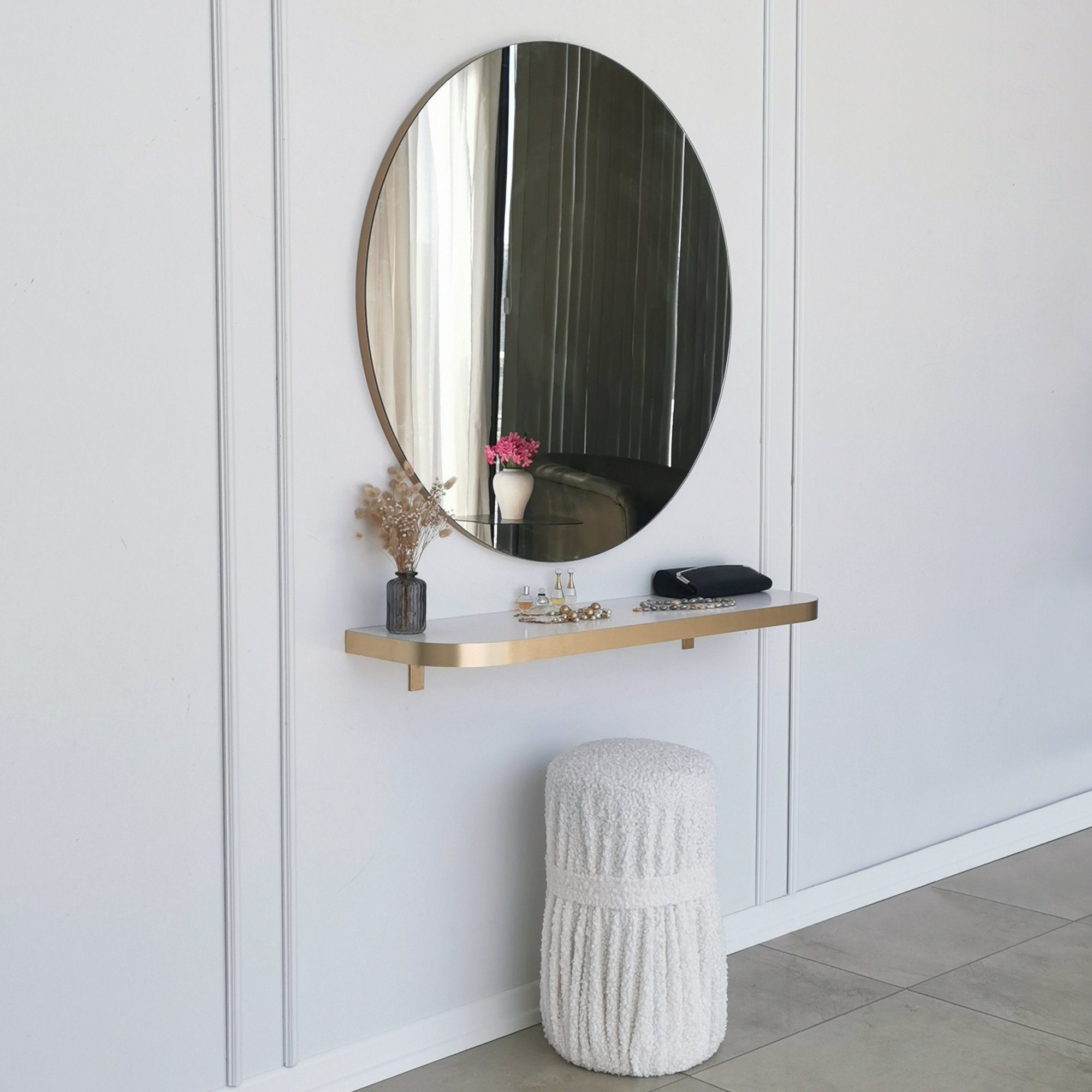Espelho de parede dourado elegante, 90 cm de diâmetro | Painel de partículas 100% revestido de melamina, 18 mm de espessura | Design escandinavo moderno para decoração de casa e hotel