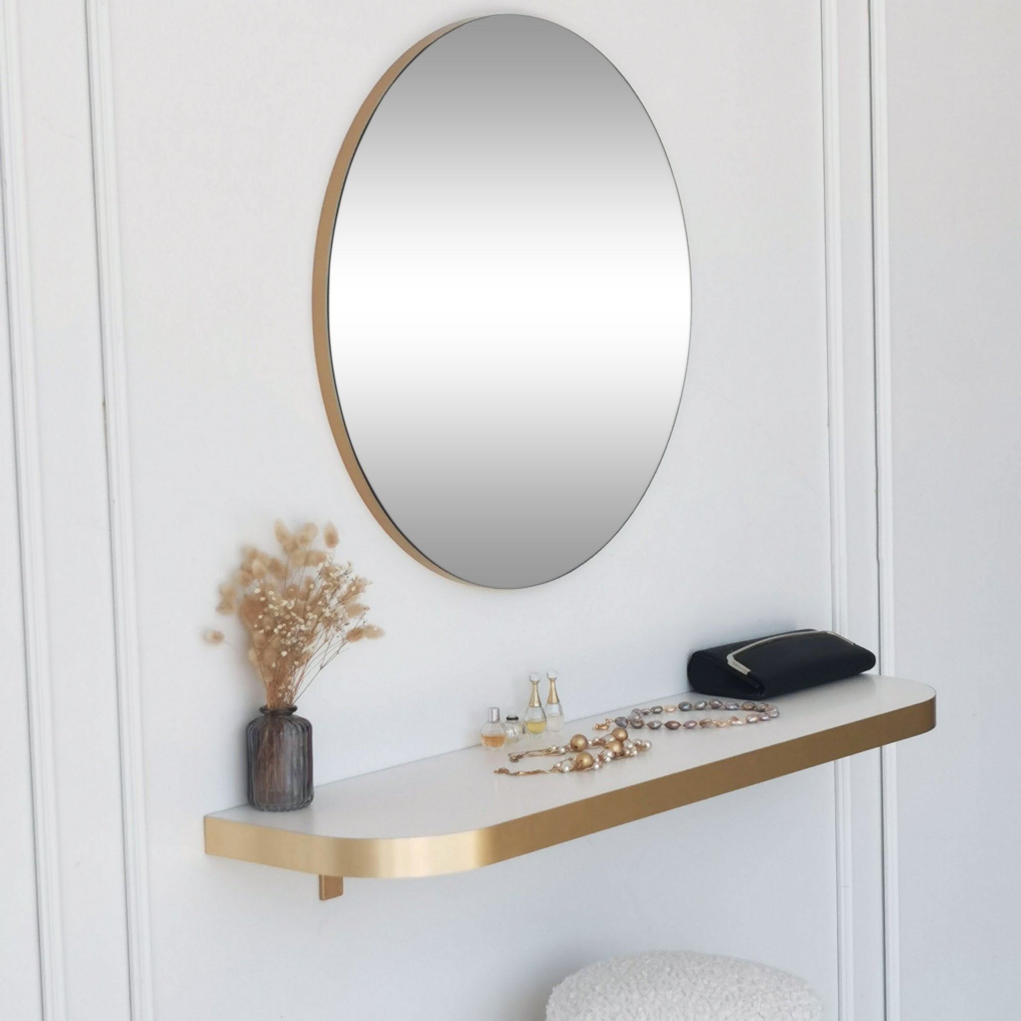 Espelho de parede dourado elegante, 60 cm de diâmetro | Painel de partículas 100% revestido de melamina, 18 mm de espessura | Design escandinavo moderno para decoração de casa e hotel