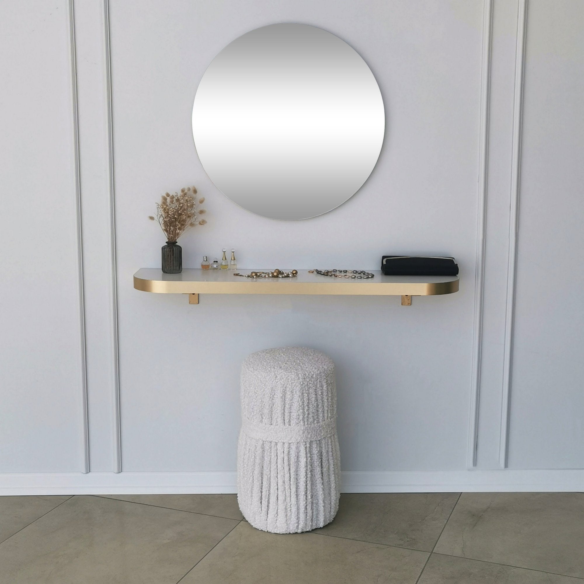 Espelho de parede dourado elegante, 60 cm de diâmetro | Painel de partículas 100% revestido de melamina, 18 mm de espessura | Design escandinavo moderno para decoração de casa e hotel