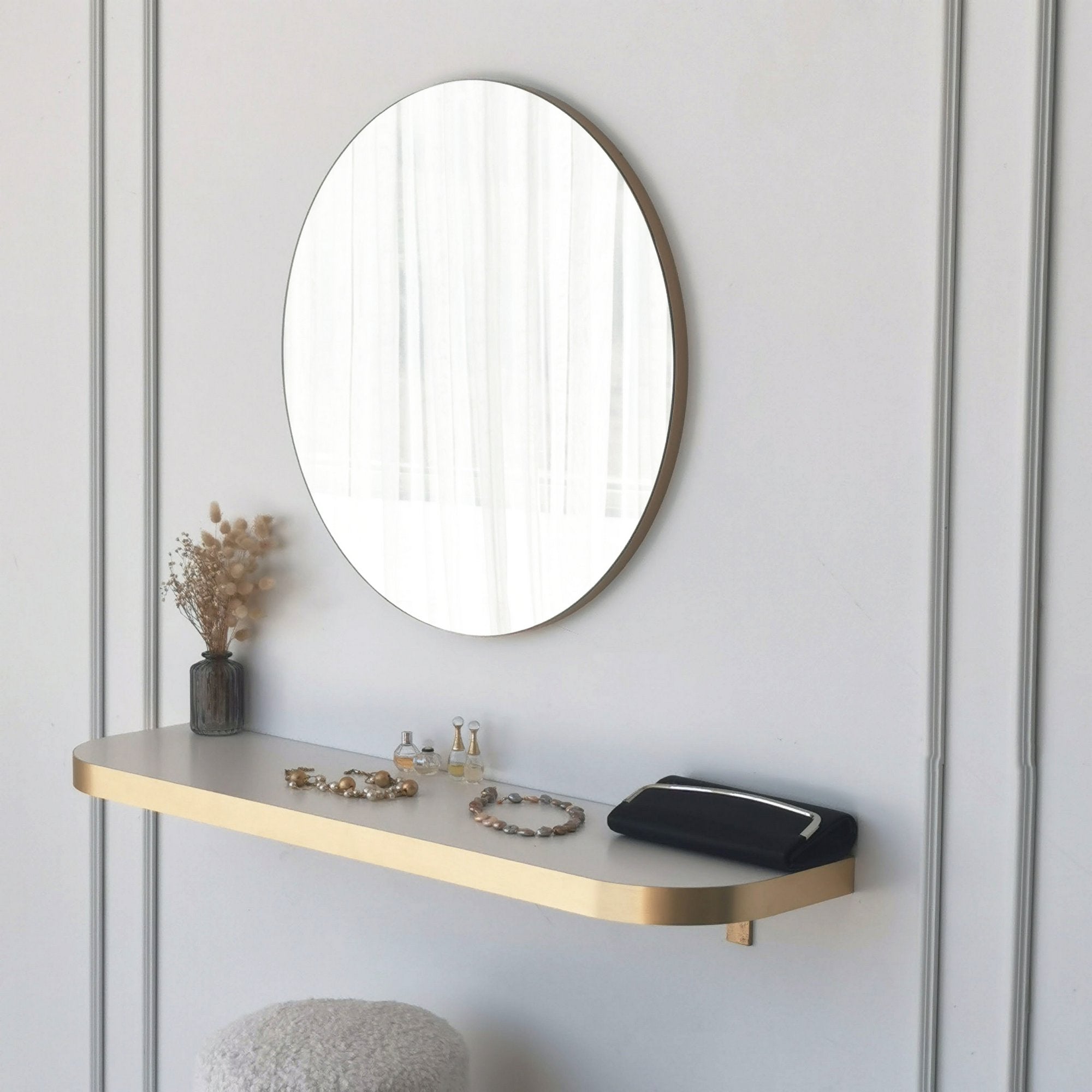 Espelho de parede dourado elegante, 60 cm de diâmetro | Painel de partículas 100% revestido de melamina, 18 mm de espessura | Design escandinavo moderno para decoração de casa e hotel