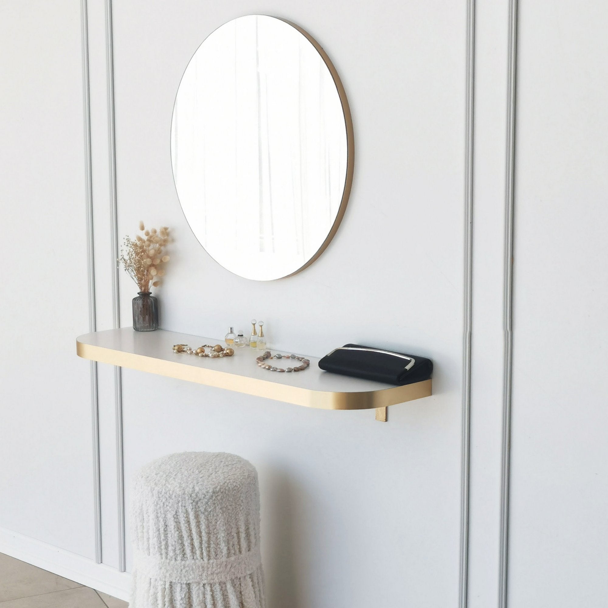 Espelho de parede dourado elegante, 60 cm de diâmetro | Painel de partículas 100% revestido de melamina, 18 mm de espessura | Design escandinavo moderno para decoração de casa e hotel