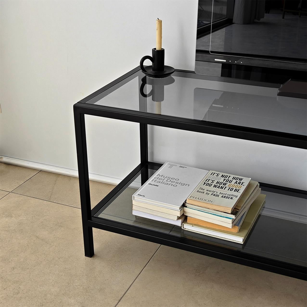 Suporte de TV estiloso, 130 cm, cinza escuro e preto | 100% vidro temperado e estrutura de metal | Desmontado para fácil montagem | Perfeito para salas de estar modernas