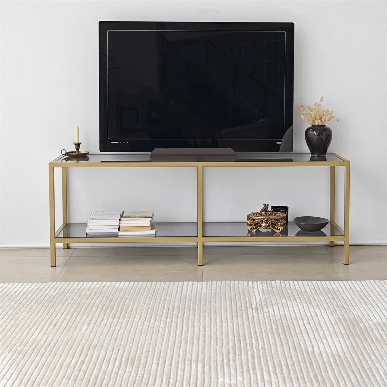 Móvel de TV elegante com estrutura de vidro temperado 100% e metal, cinza escuro e dourado, 130 x 45 x 40 cm | Design moderno, desmontável para fácil montagem