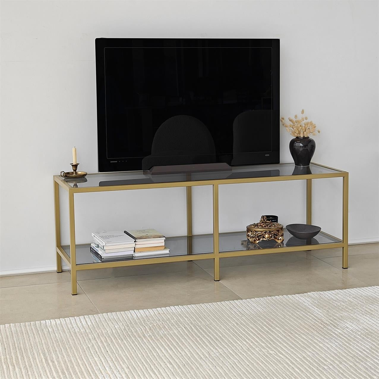 Móvel de TV elegante com estrutura de vidro temperado 100% e metal, cinza escuro e dourado, 130 x 45 x 40 cm | Design moderno, desmontável para fácil montagem
