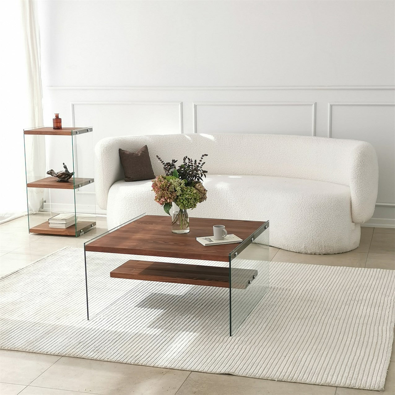 Mesa de Centro Elegante, 75 cm x 75 cm x 40 cm | Tampo 100% em vidro temperado e estrutura em madeira de pinho maciço | Acabamento Natural, Desmontável para Fácil Montagem