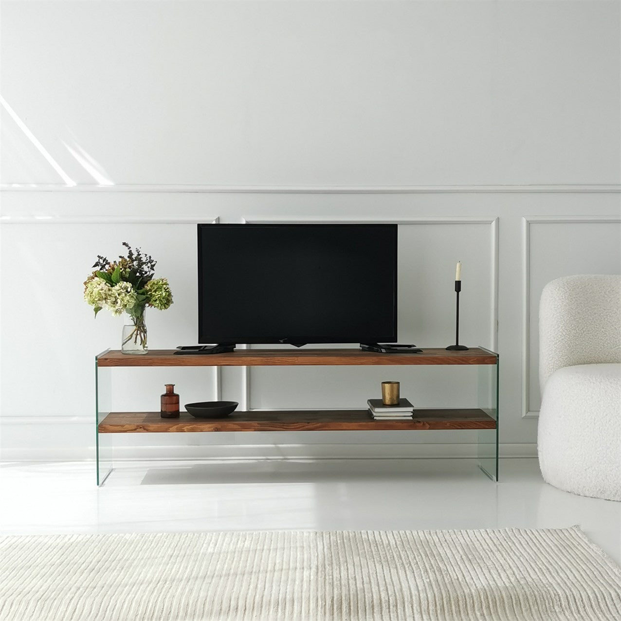 Móvel de TV elegante com estrutura 100% em vidro temperado e madeira maciça, 140 cm x 45 cm x 35 cm | Acabamento natural, desmontável para fácil montagem | Perfeito para salas de estar modernas