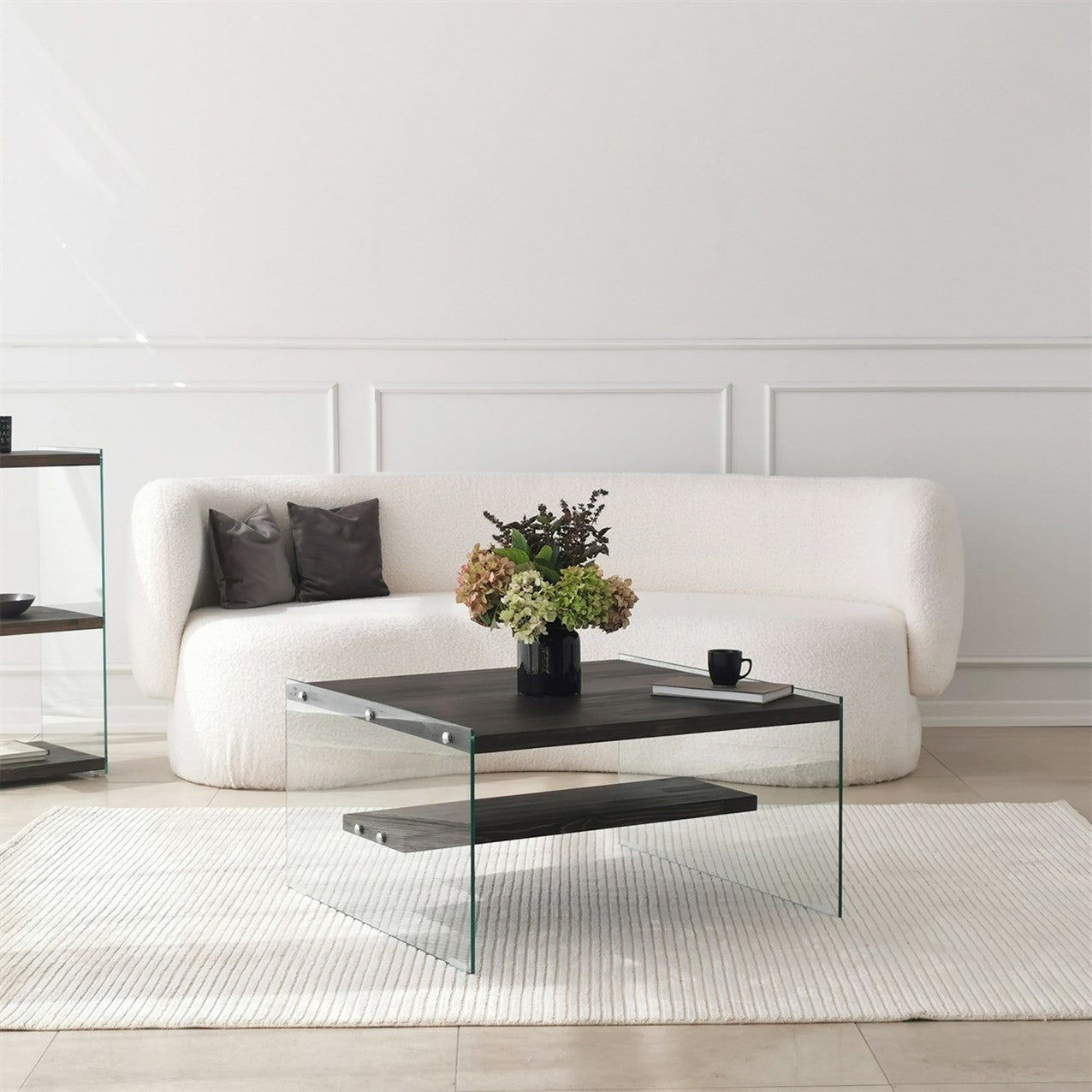 Mesa de Centro Elegante, 75 cm x 40 cm x 75 cm, 100% Vidro Temperado e Estrutura em Madeira Maciça de Pinho, Cor Antracite | Design Moderno para Sala de Estar