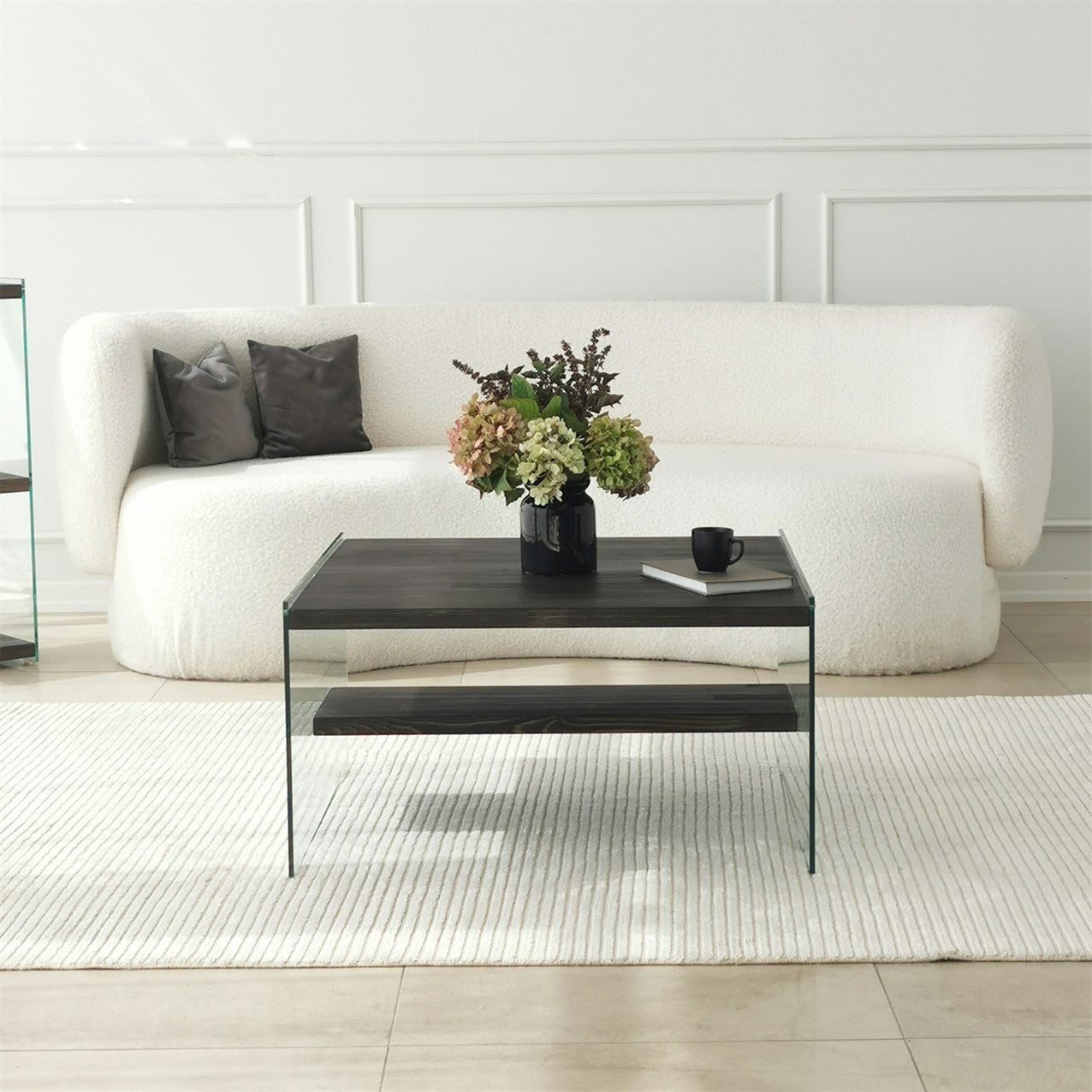 Mesa de Centro Elegante, 75 cm x 40 cm x 75 cm, 100% Vidro Temperado e Estrutura em Madeira Maciça de Pinho, Cor Antracite | Design Moderno para Sala de Estar
