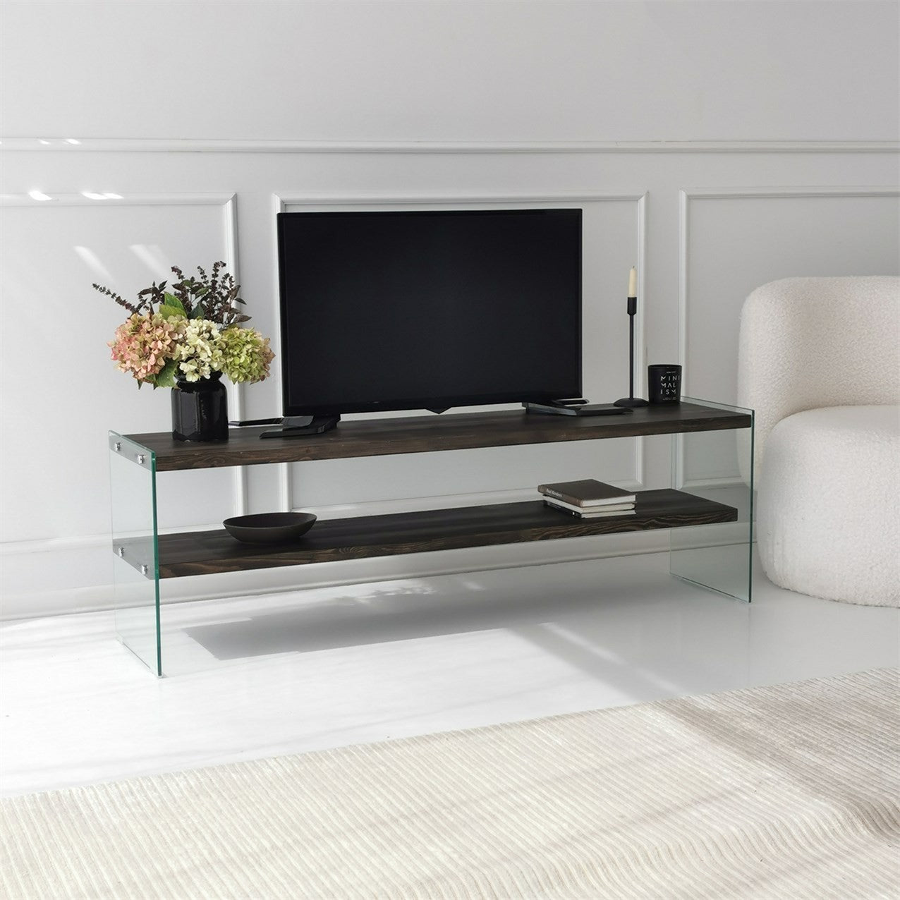 Suporte de TV elegante, 140 cm, antracite, estrutura 100% madeira maciça e tampo de vidro temperado | Desmontado para fácil montagem | Perfeito para salas de estar modernas