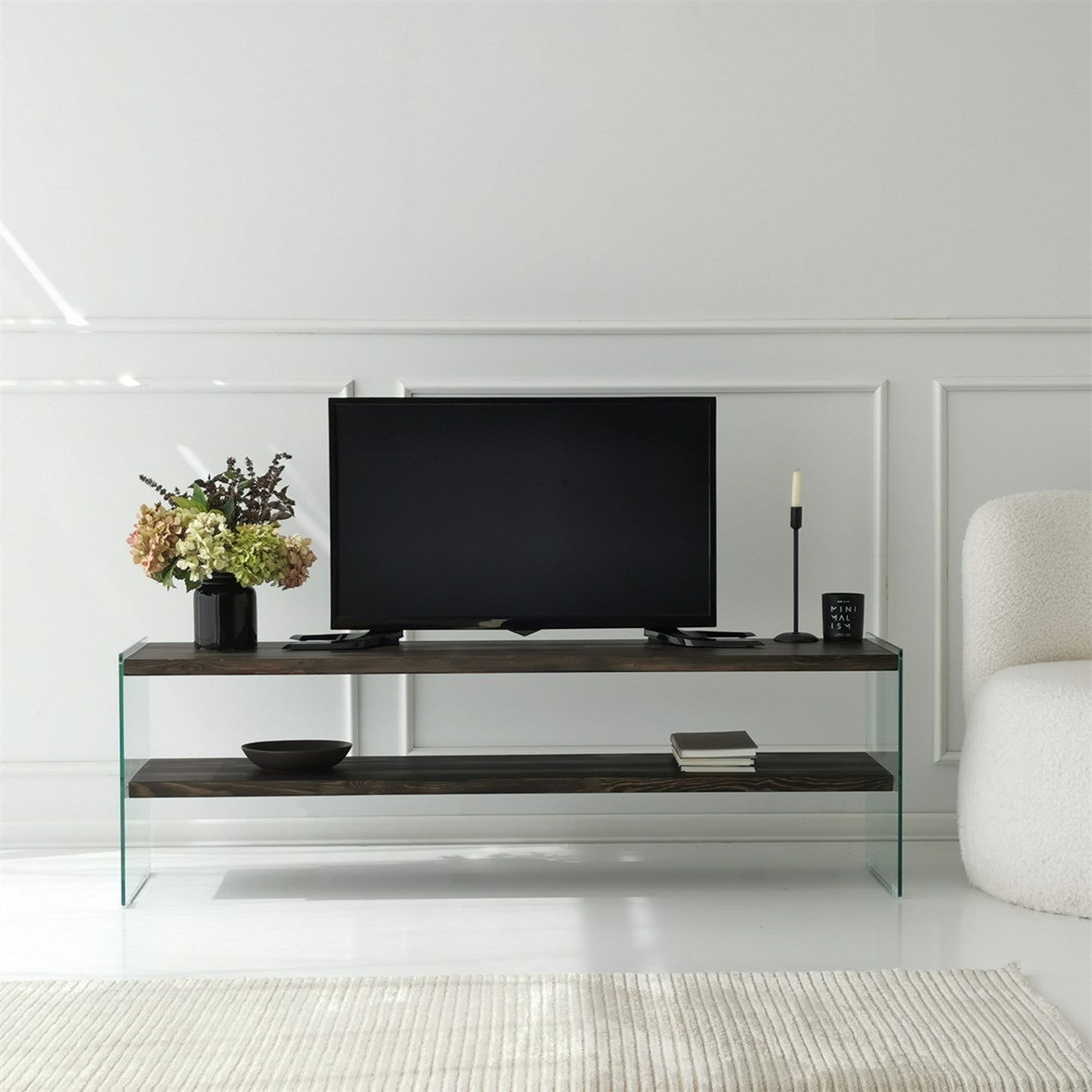 Suporte de TV elegante, 140 cm, antracite, estrutura 100% madeira maciça e tampo de vidro temperado | Desmontado para fácil montagem | Perfeito para salas de estar modernas