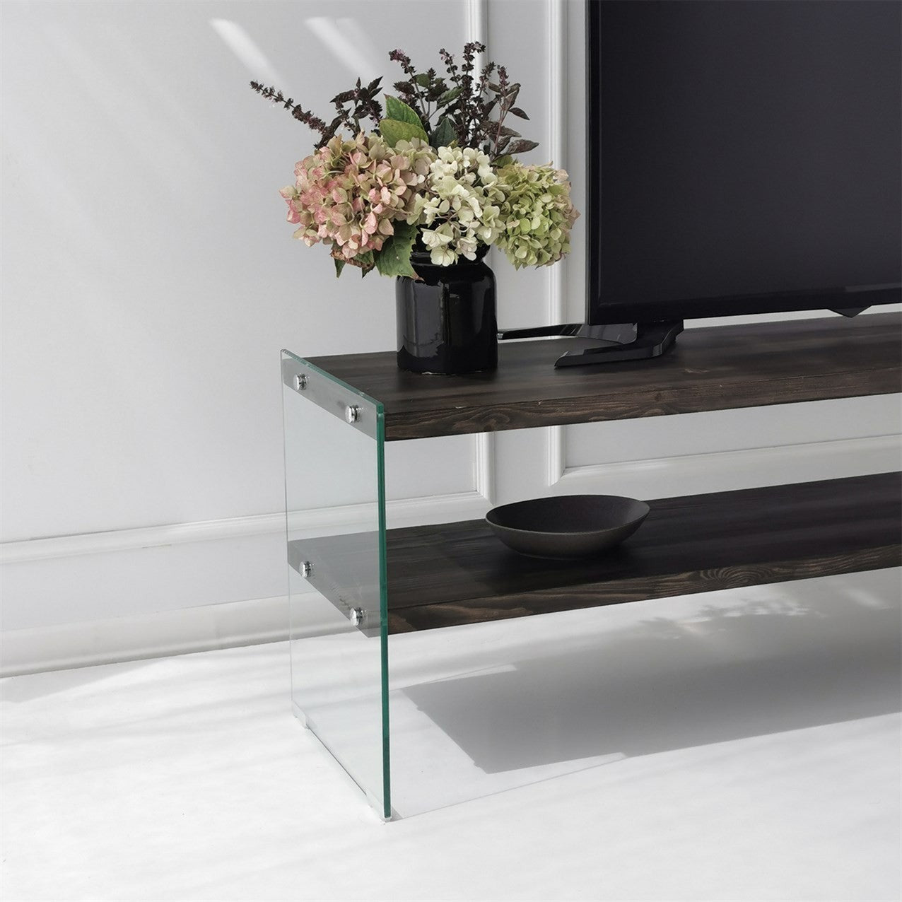 Suporte de TV elegante, 140 cm, antracite, estrutura 100% madeira maciça e tampo de vidro temperado | Desmontado para fácil montagem | Perfeito para salas de estar modernas