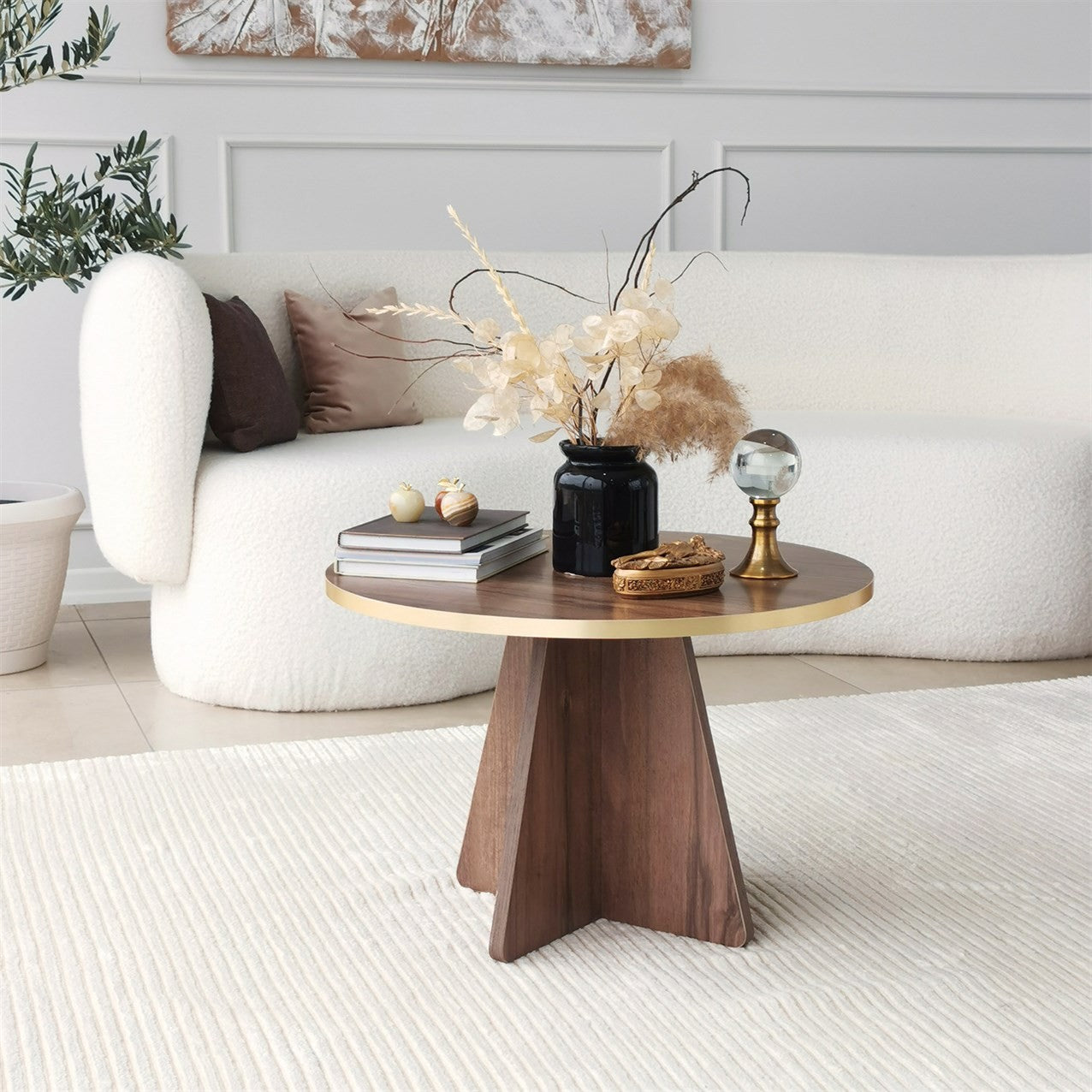Mesa de Centro Elegante, Dourado e Nogueira, 60 x 40 x 60 cm | Aglomerado 100% Melamina, 18 mm de Espessura, Bordas em PVC | Elegante e Funcional para Espaços de Convivência