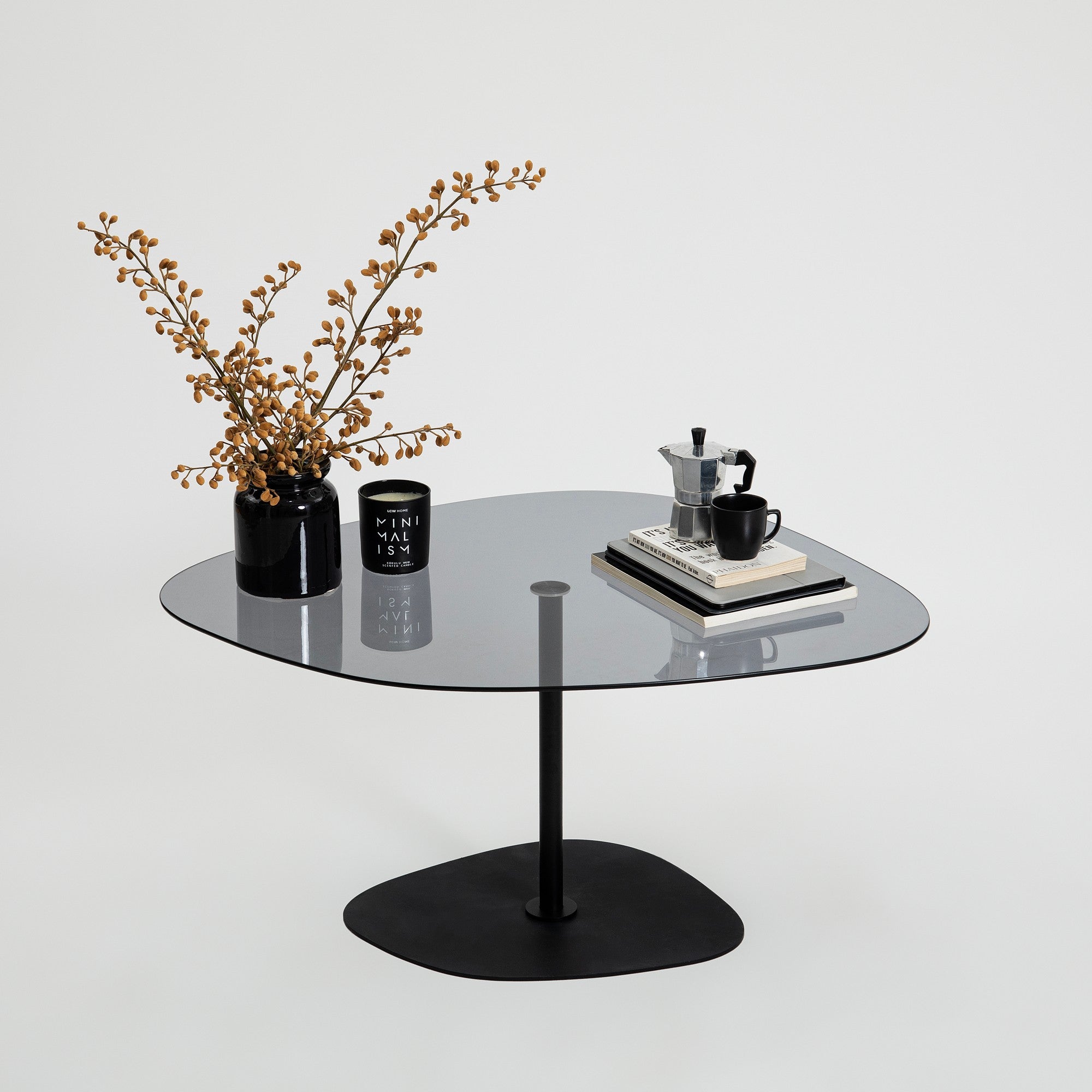 Mesa de centro elegante com tampo 100% de vidro temperado, cinza escuro e preto, 85 x 67 x 40 cm | Pernas de metal resistentes, desmontável para fácil montagem | Design moderno