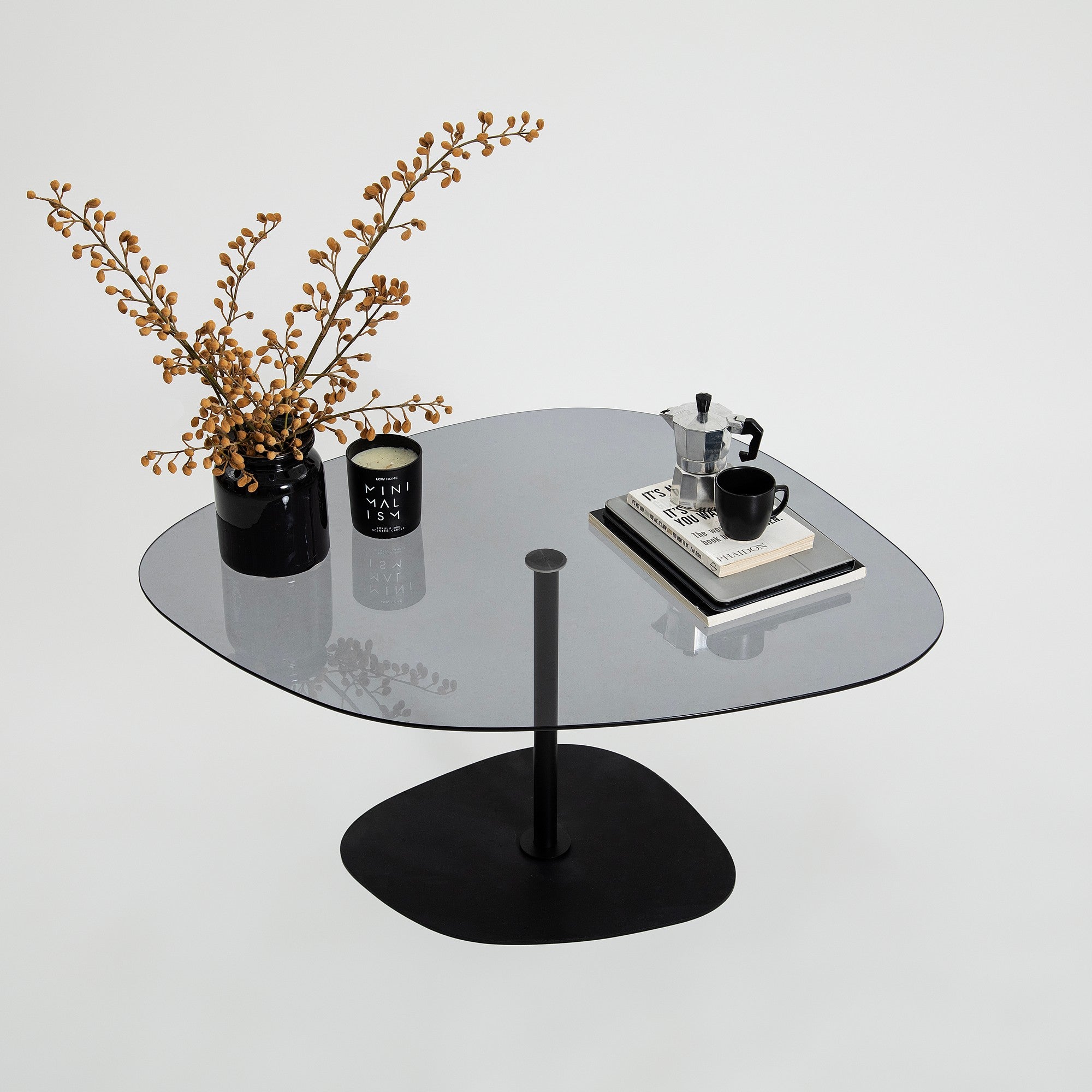 Mesa de centro elegante com tampo 100% de vidro temperado, cinza escuro e preto, 85 x 67 x 40 cm | Pernas de metal resistentes, desmontável para fácil montagem | Design moderno