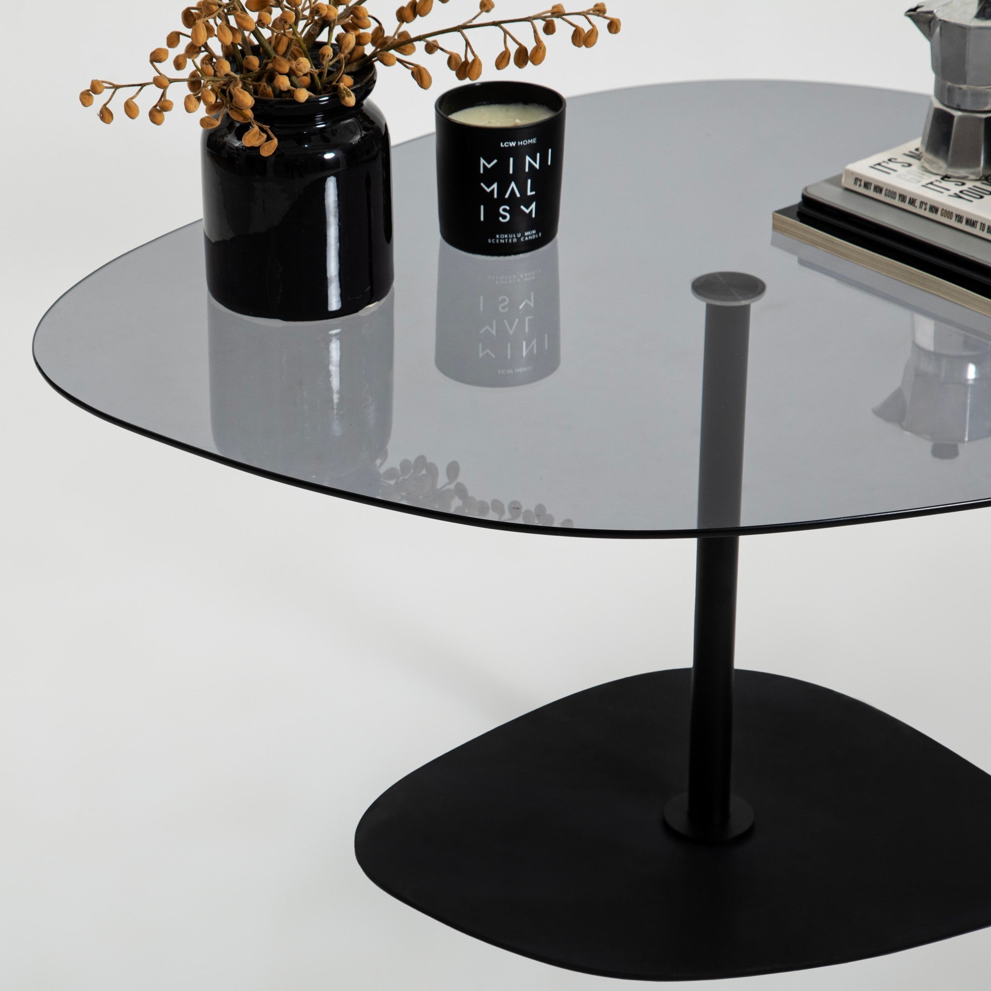 Mesa de centro elegante com tampo 100% de vidro temperado, cinza escuro e preto, 85 x 67 x 40 cm | Pernas de metal resistentes, desmontável para fácil montagem | Design moderno