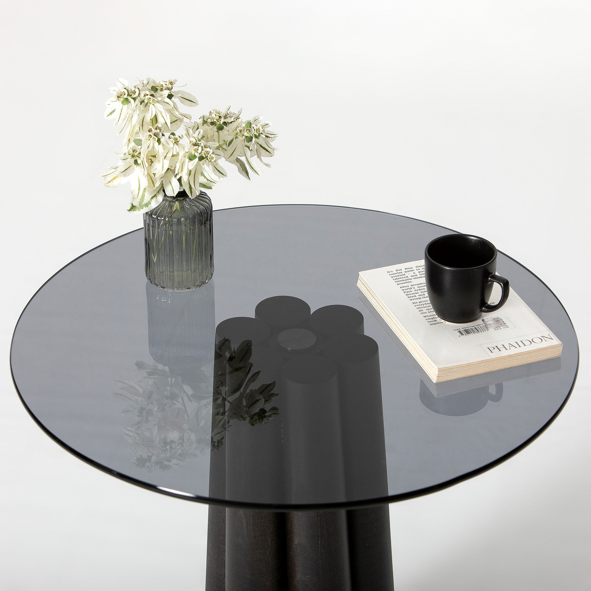 Mesa de Centro Elegante, 50x50x50 cm, Cinza Escuro e Preto | 100% Vidro Temperado e Estrutura em Madeira de Faia | Desmontada para Fácil Montagem, Design Moderno
