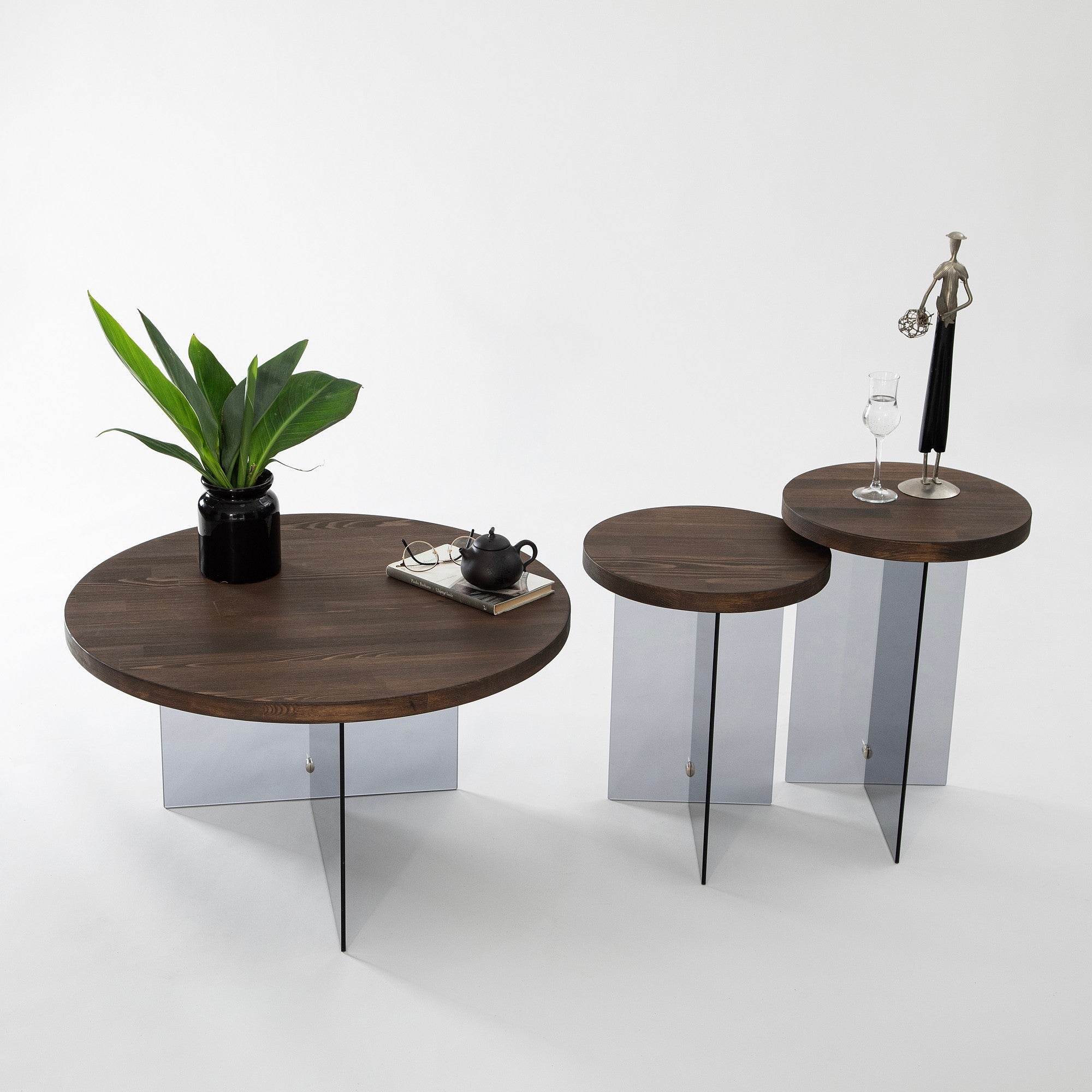 Mesa de Centro Elegante, 70 cm de Largura, 40 cm de Altura | Vidro 100% Temperado e Estrutura em MDF | Nogueira e Cinza Escuro | Design Moderno para Sala de Estar e Lounge