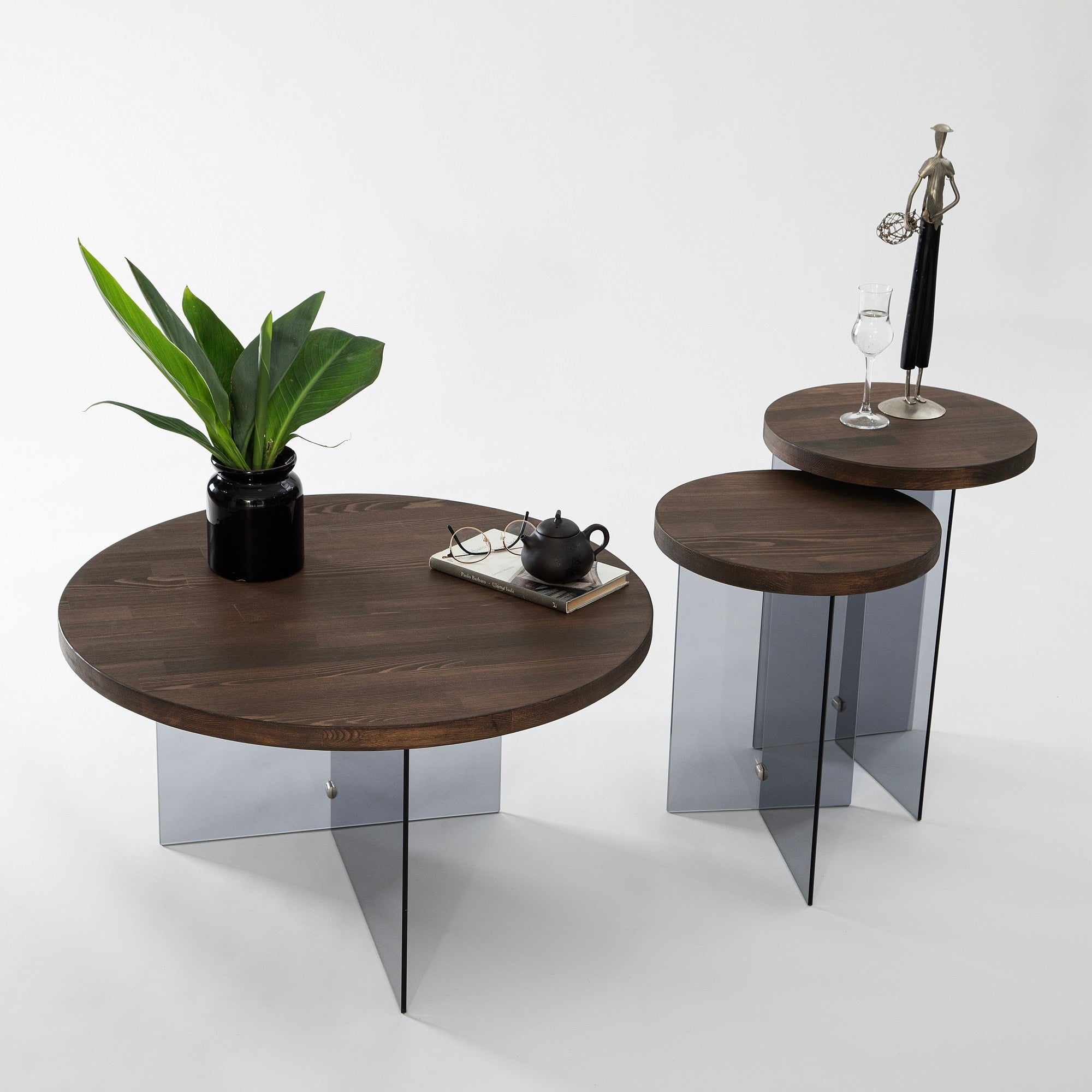 Mesa de Centro Elegante, 70 cm de Largura, 40 cm de Altura | Vidro 100% Temperado e Estrutura em MDF | Nogueira e Cinza Escuro | Design Moderno para Sala de Estar e Lounge