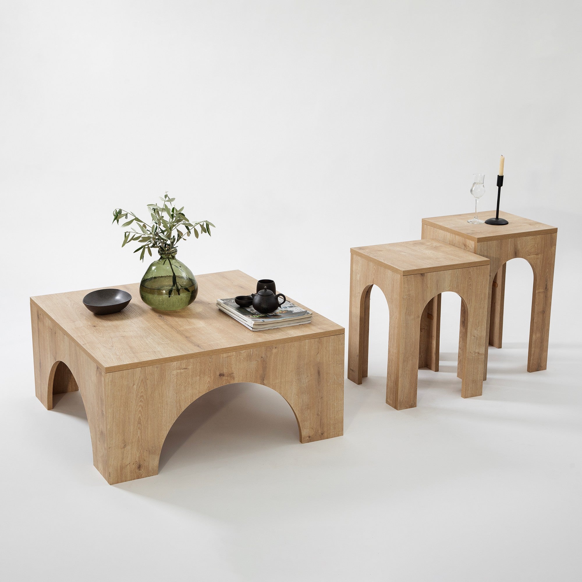 Conjunto de mesa de centro elegante (2 peças), cor carvalho, 35 x 50 cm e 35 x 55 cm | Aglomerado 100% revestido de melamina, 18 mm de espessura | Design moderno, fácil montagem