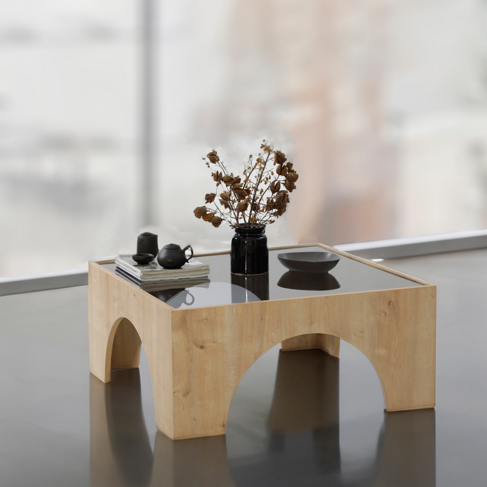 Mesa de Centro Elegante, Cinza Escuro e Carvalho, 80 x 35 x 80 cm | Tampo 100% Vidro Temperado, Estrutura 100% Aglomerado Revestido com Melamina | Design Moderno, Fácil Montagem