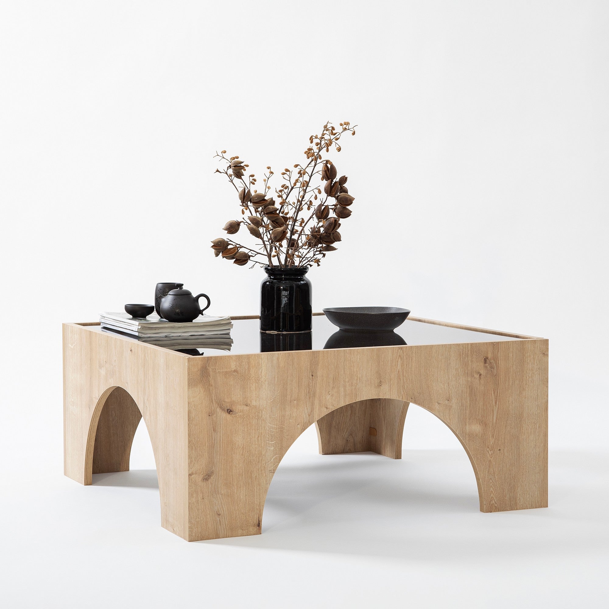 Mesa de Centro Elegante, Cinza Escuro e Carvalho, 80 x 35 x 80 cm | Tampo 100% Vidro Temperado, Estrutura 100% Aglomerado Revestido com Melamina | Design Moderno, Fácil Montagem