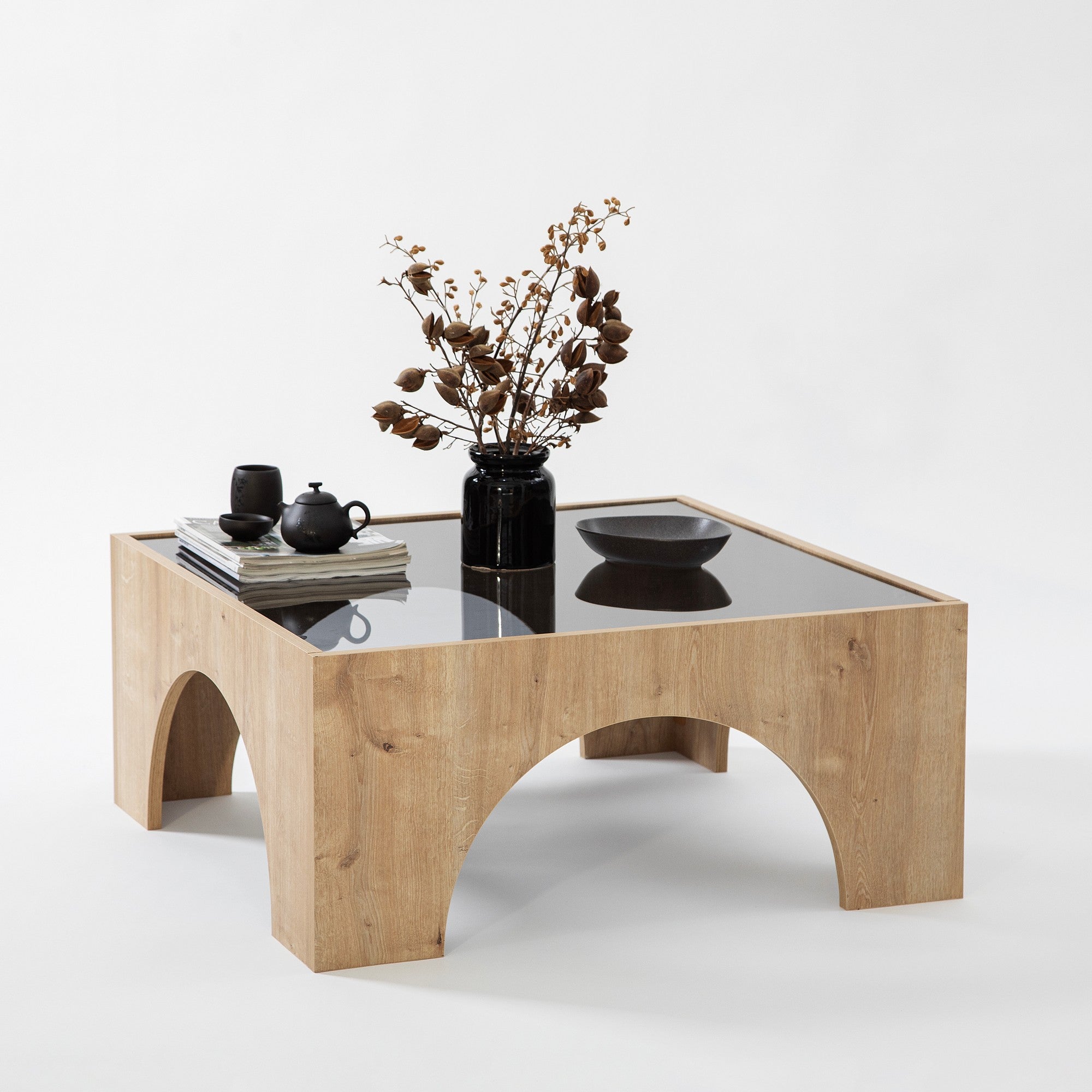 Mesa de Centro Elegante, Cinza Escuro e Carvalho, 80 x 35 x 80 cm | Tampo 100% Vidro Temperado, Estrutura 100% Aglomerado Revestido com Melamina | Design Moderno, Fácil Montagem