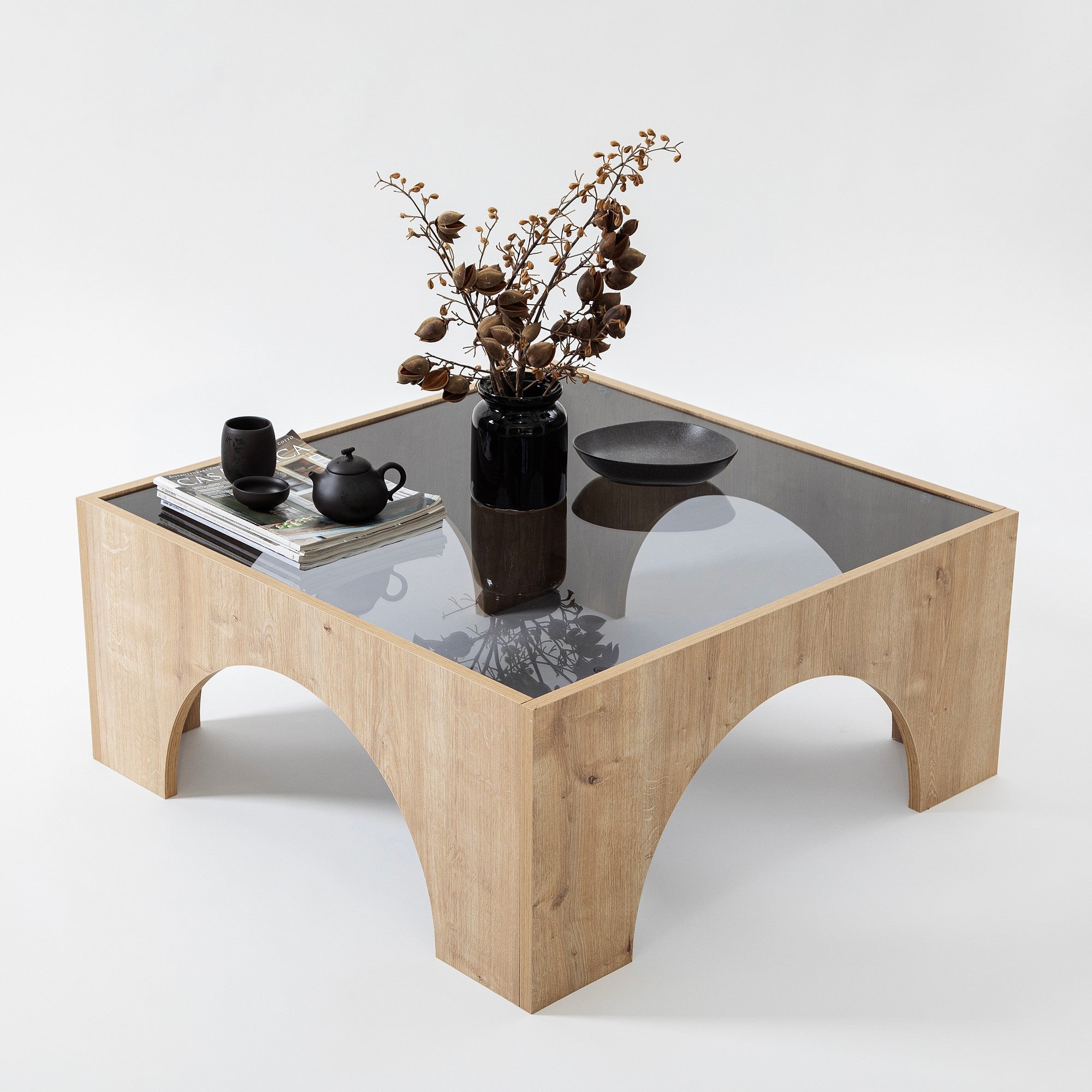 Mesa de Centro Elegante, Cinza Escuro e Carvalho, 80 x 35 x 80 cm | Tampo 100% Vidro Temperado, Estrutura 100% Aglomerado Revestido com Melamina | Design Moderno, Fácil Montagem