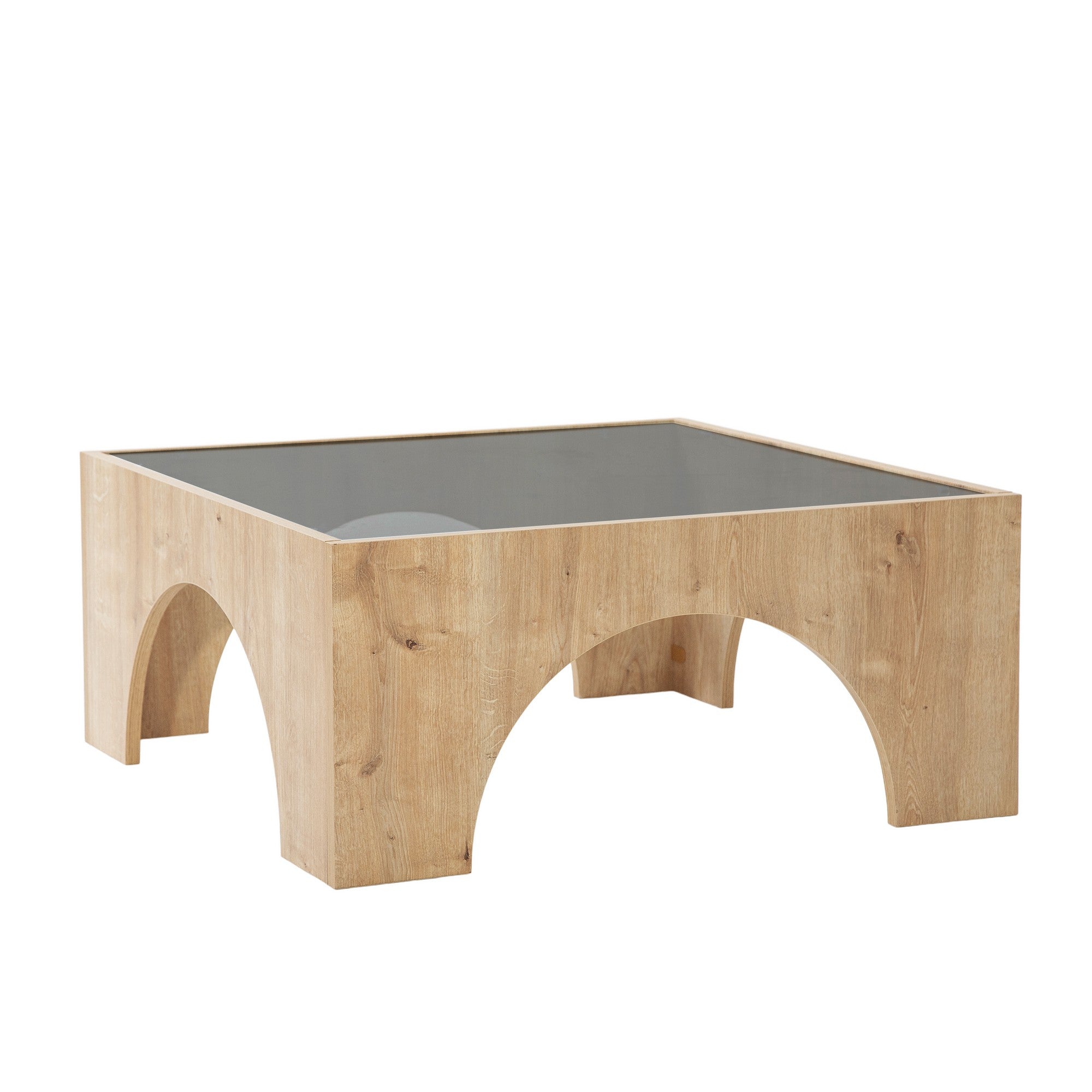Mesa de Centro Elegante, Cinza Escuro e Carvalho, 80 x 35 x 80 cm | Tampo 100% Vidro Temperado, Estrutura 100% Aglomerado Revestido com Melamina | Design Moderno, Fácil Montagem
