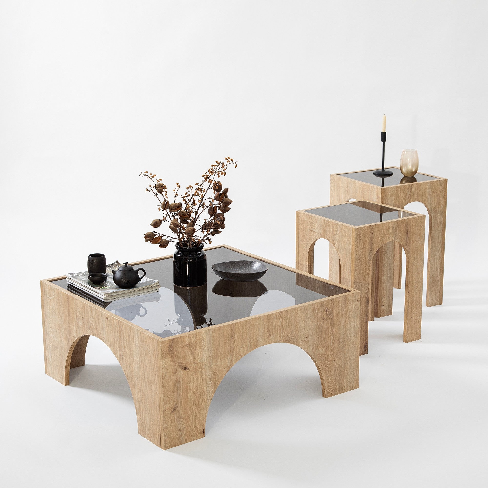 Mesa de Centro Elegante, Cinza Escuro e Carvalho, 80 x 35 x 80 cm | Tampo 100% Vidro Temperado, Estrutura 100% Aglomerado Revestido com Melamina | Design Moderno, Fácil Montagem
