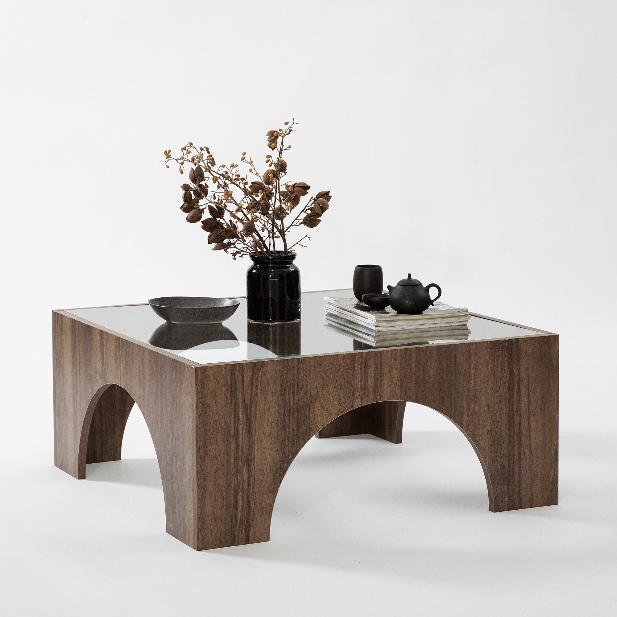 Mesa de Centro Elegante, 80 x 35 x 80 cm | 100% Vidro Temperado e Aglomerado de Melamina em Nogueira | Desmontada, Design Elegante para Espaços Modernos