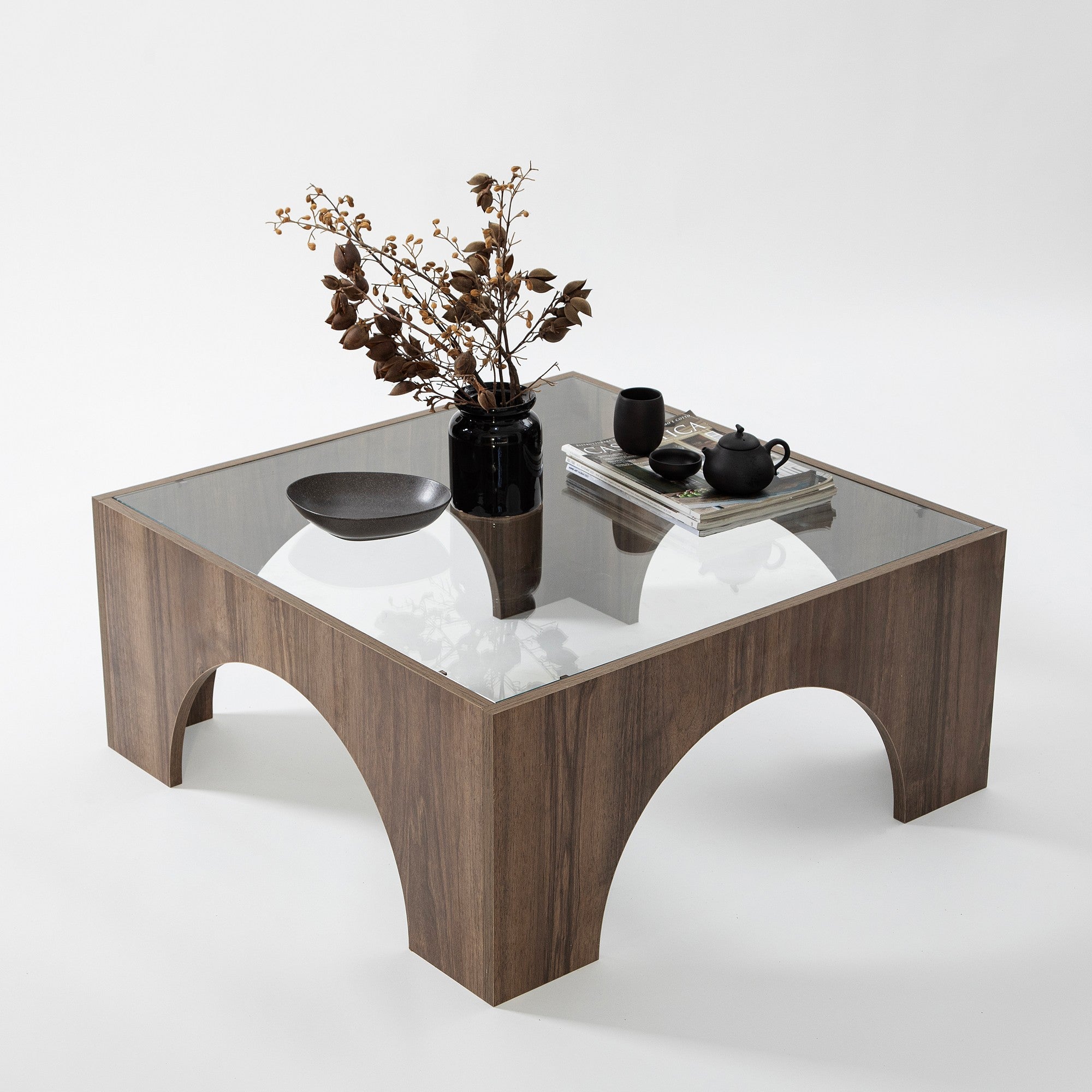 Mesa de Centro Elegante, 80 x 35 x 80 cm | 100% Vidro Temperado e Aglomerado de Melamina em Nogueira | Desmontada, Design Elegante para Espaços Modernos