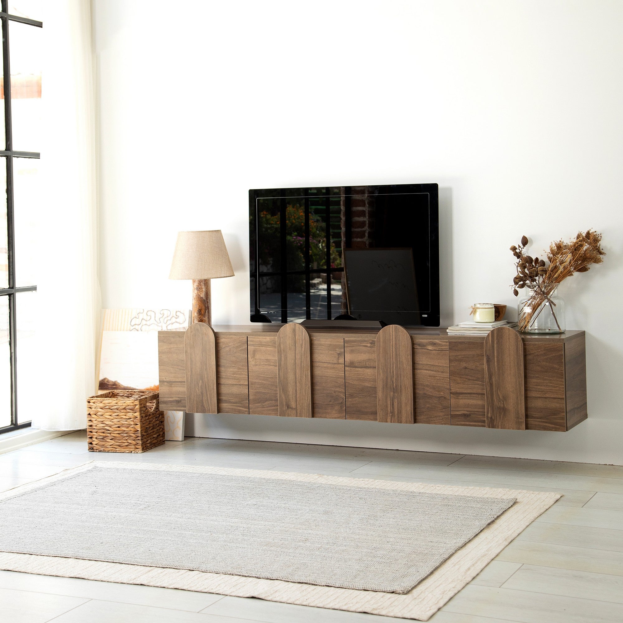Suporte de TV elegante em nogueira, 180 cm x 35 cm x 35 cm | Aglomerado 100% revestido em melamina, 18 mm de espessura | Bordas de PVC duráveis, fácil montagem