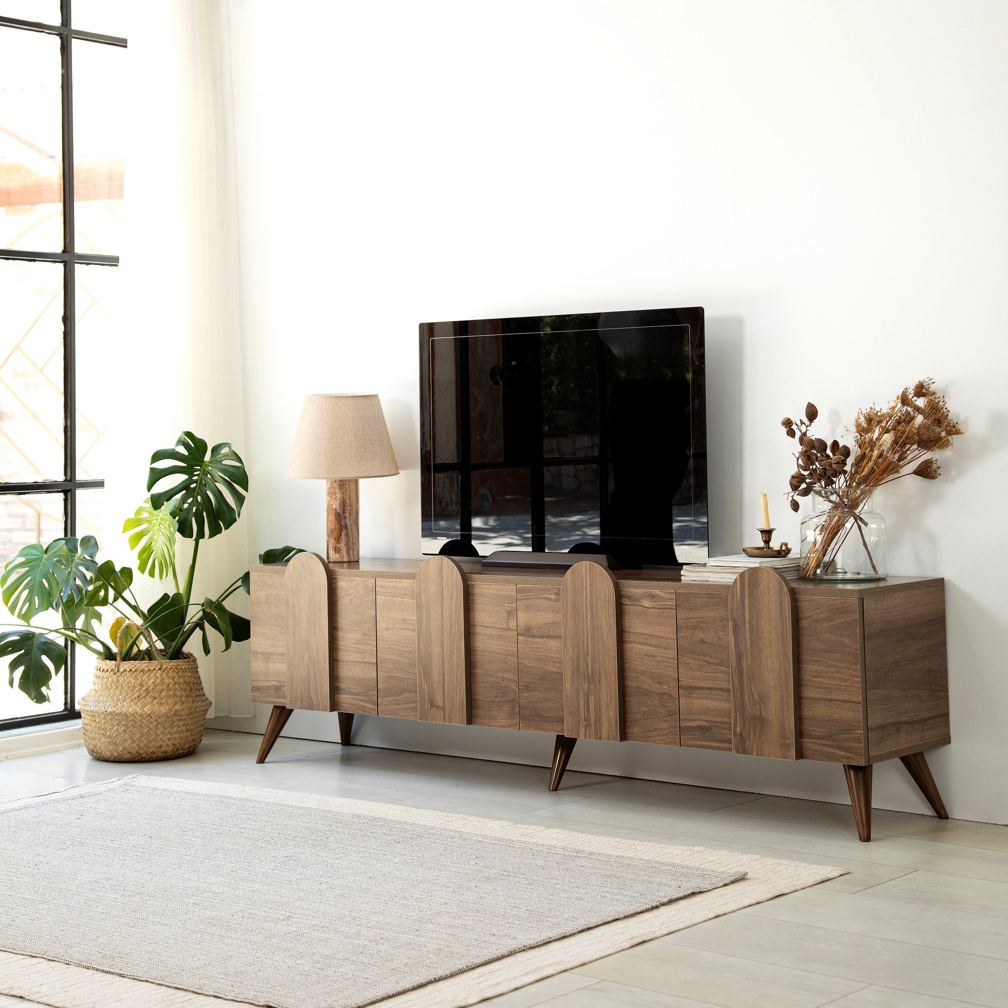 Suporte de TV elegante em nogueira, 180 cm x 50 cm x 35 cm | Aglomerado 100% revestido em melamina, 18 mm de espessura, bordas em PVC | Design moderno para sala de estar