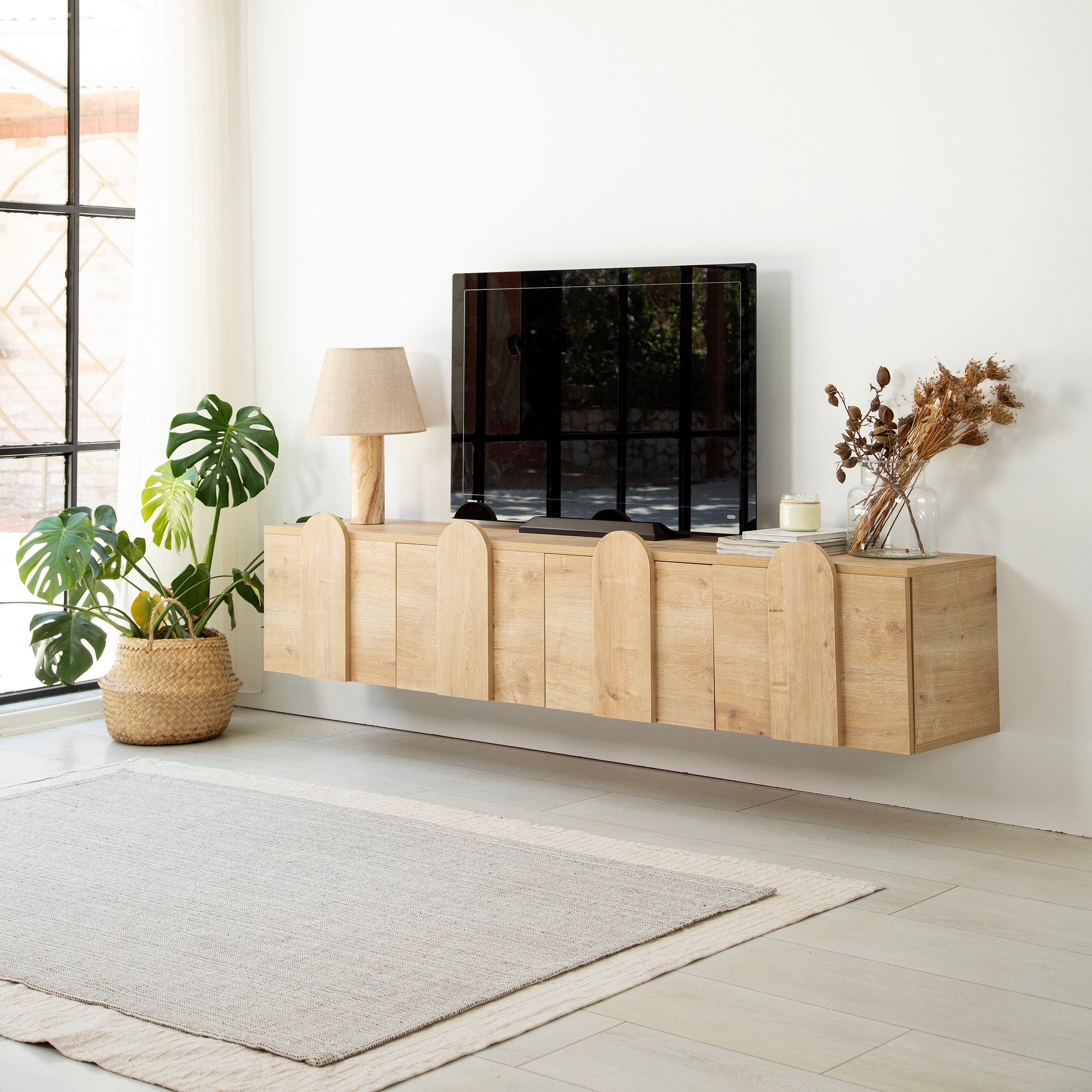 Suporte de TV elegante em carvalho, 180 cm de largura, 35 cm de altura, 35 cm de profundidade | Aglomerado 100% revestido em melamina, 18 mm de espessura | Design moderno, fácil montagem, durável