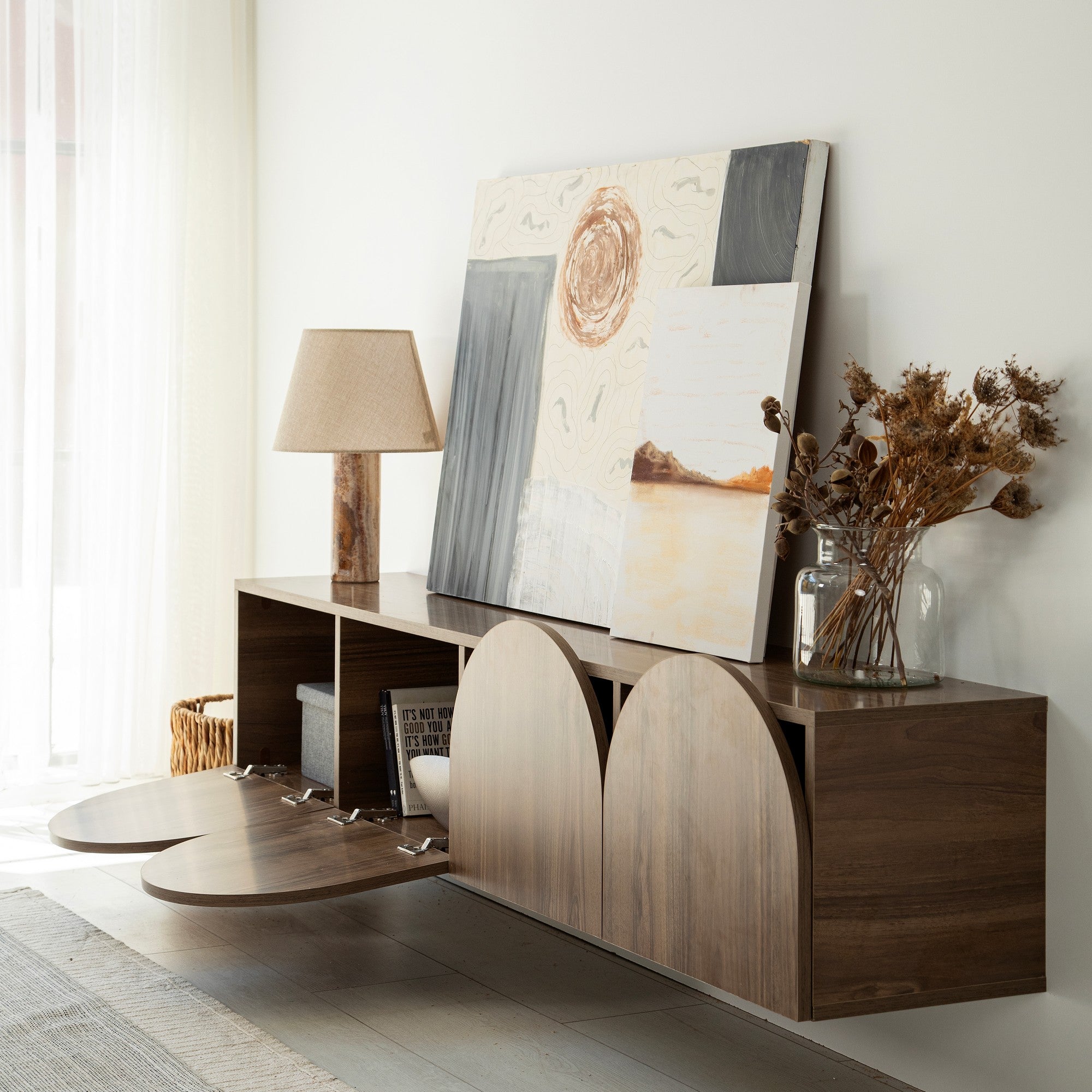 Suporte de TV elegante em nogueira, 180 cm x 35 cm x 35 cm | Aglomerado 100% revestido em melamina, 18 mm de espessura | Bordas de PVC duráveis, fácil montagem