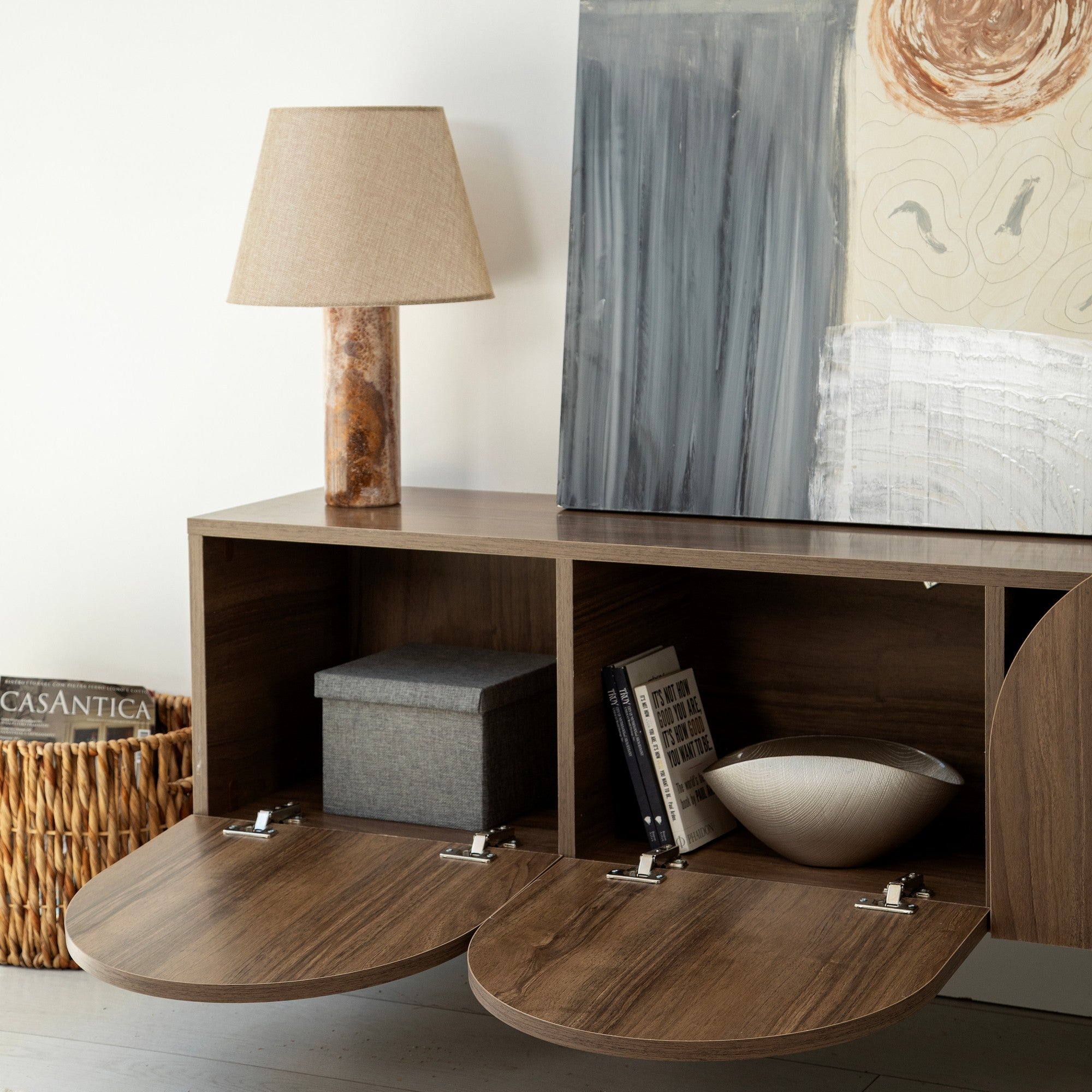 Suporte de TV elegante em nogueira, 180 cm x 35 cm x 35 cm | Aglomerado 100% revestido em melamina, 18 mm de espessura | Bordas de PVC duráveis, fácil montagem