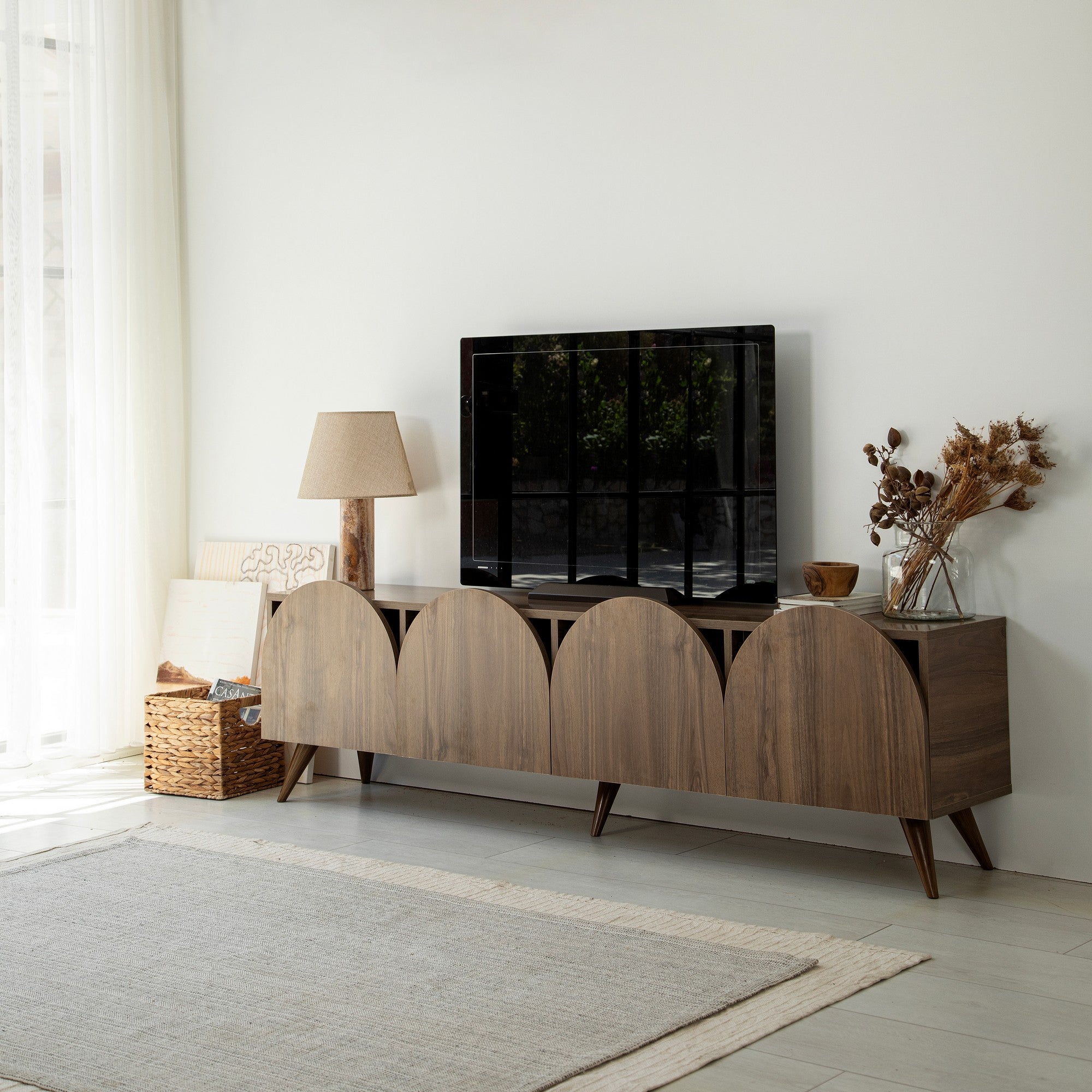 Suporte de TV elegante em nogueira, 180 cm x 50 cm x 35 cm | Aglomerado 100% revestido em melamina, 18 mm de espessura, bordas em PVC | Design moderno para sala de estar